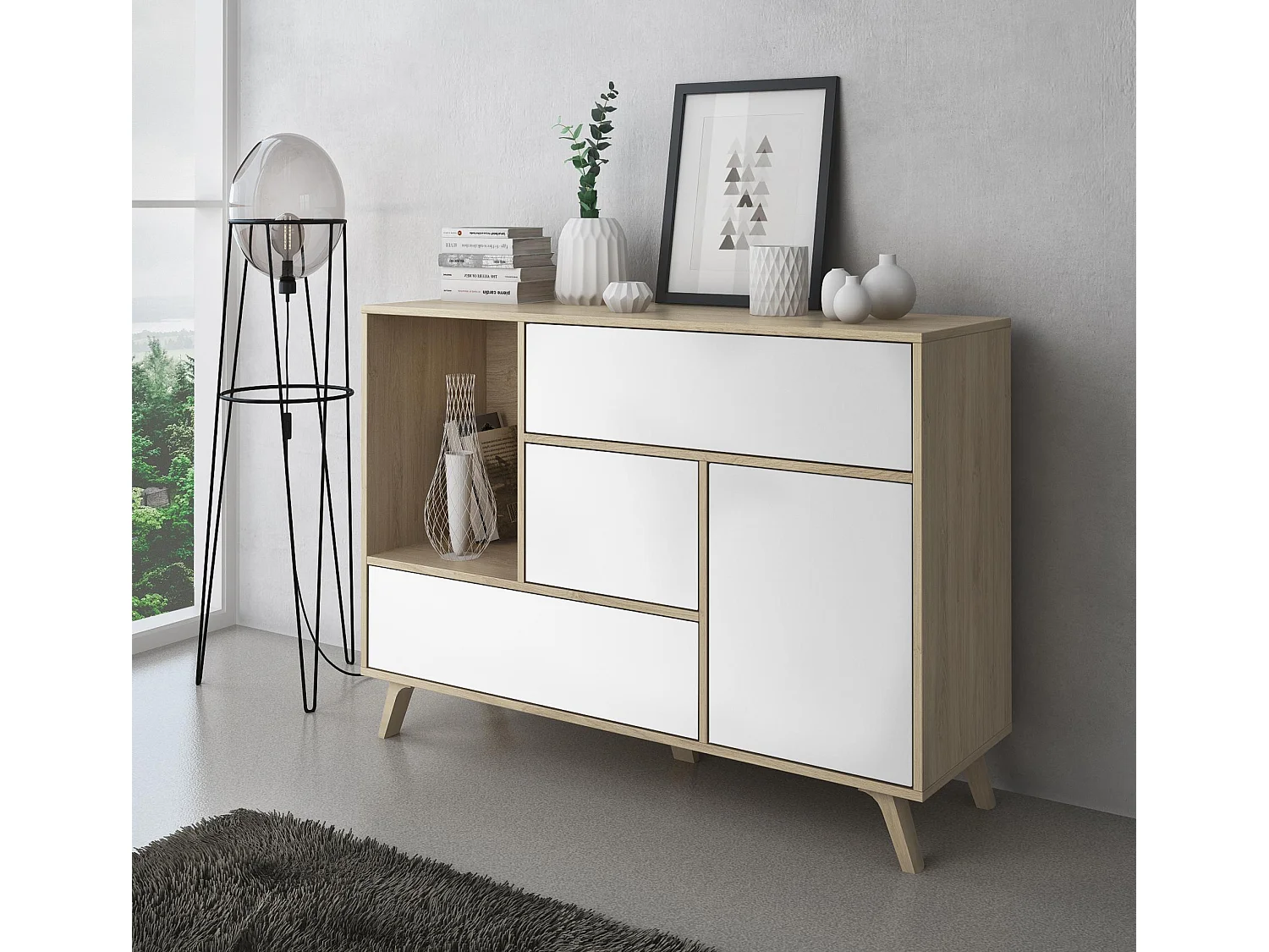 Ensemble Wind, Salon, Buffet-Meuble TV- Table basse-Table, Chêne/Blanc