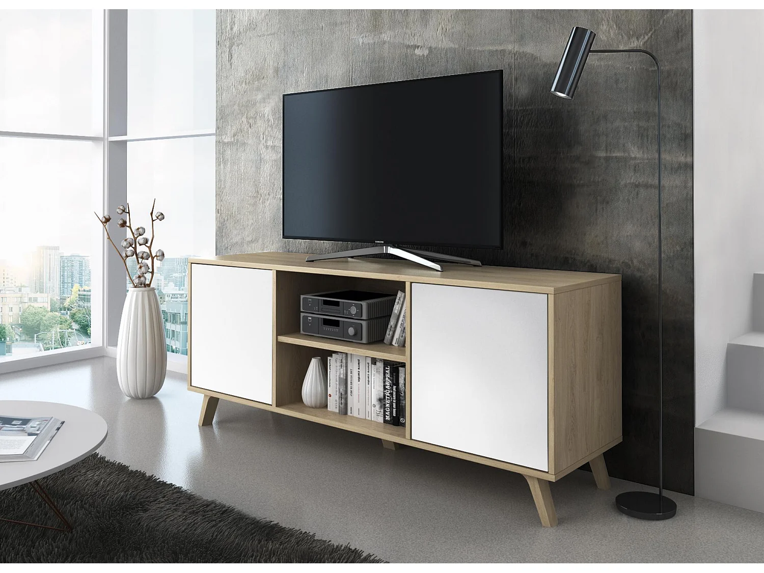 Ensemble Wind, Salon, Buffet-Meuble TV- Table basse-Table, Chêne/Blanc