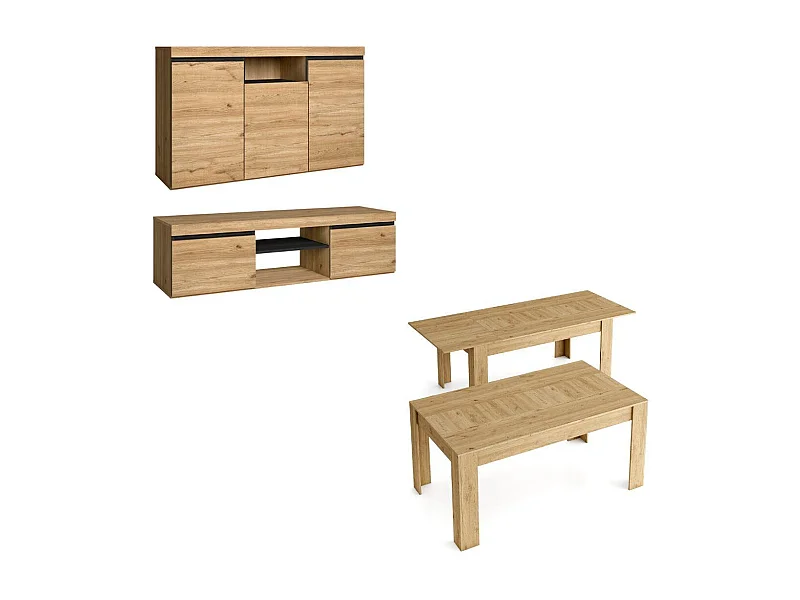 Ensemble Naturale salon, salle à manger, buffet-meuble tv 140cm-table extensible chêne/noir