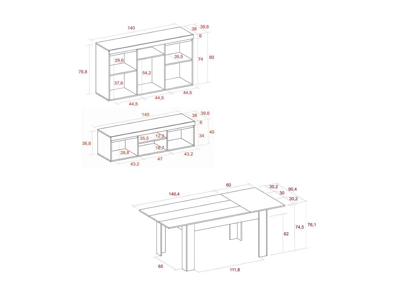 Set Naturale Esszimmer, Esszimmermöbel, Sideboard-TV-Stand 140cm--Ausziehtisch Eiche/Schwarz