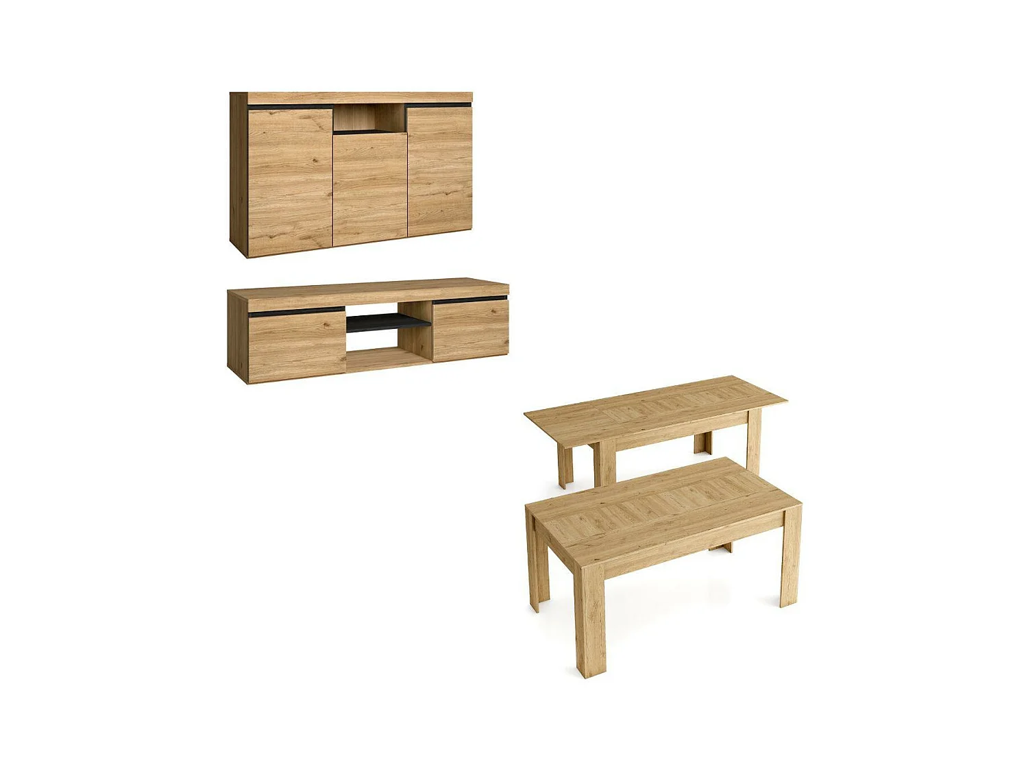 Furniture Set, NATORE MODEL, Buffet -Mueble TV 140cm - Uitbreidbare tabel, Eetkamer, Eik en zwart, Industriële stijl
