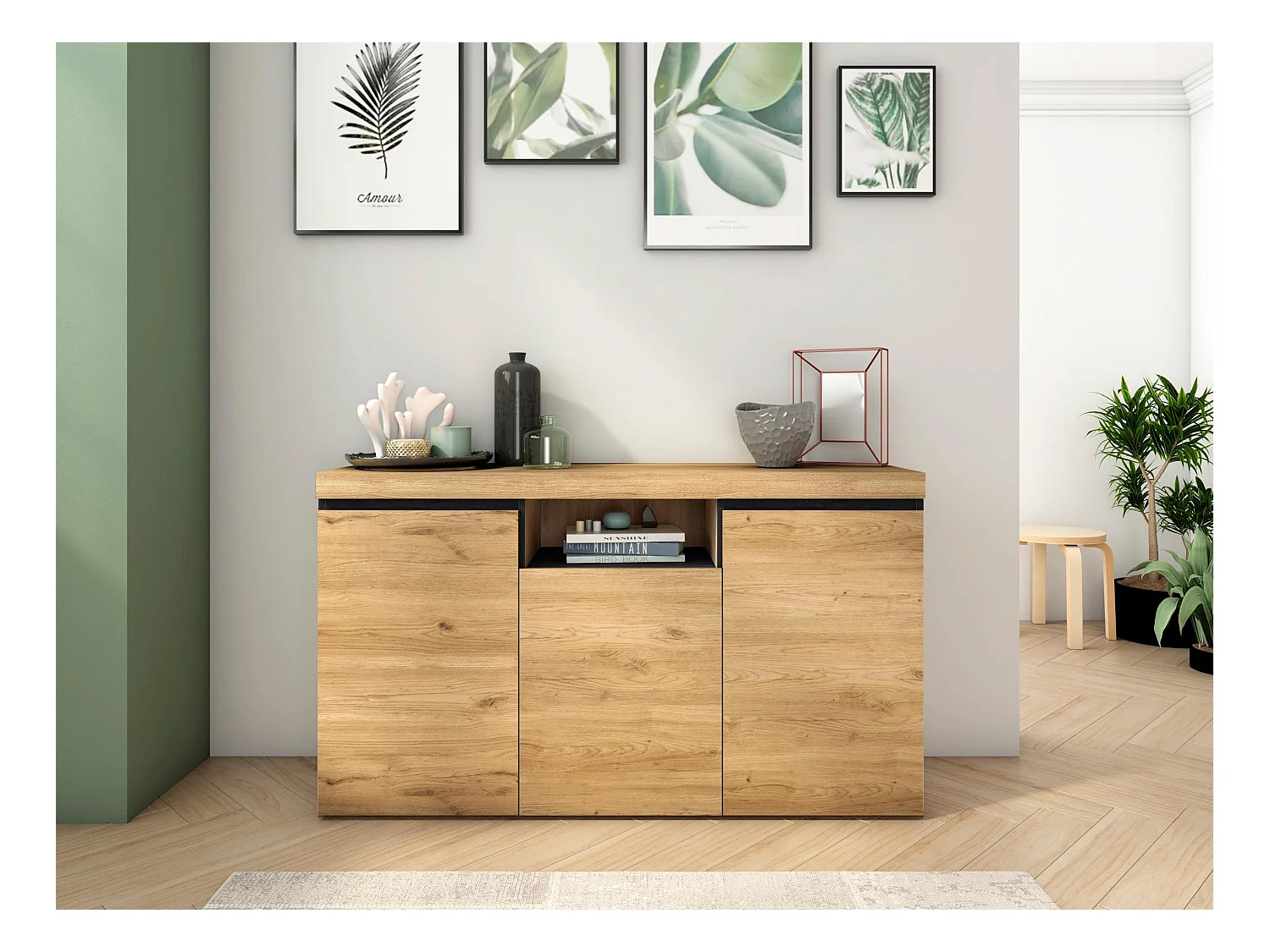 Ensemble Naturale salon, salle à manger, buffet-meuble tv 140cm-table extensible chêne/noir