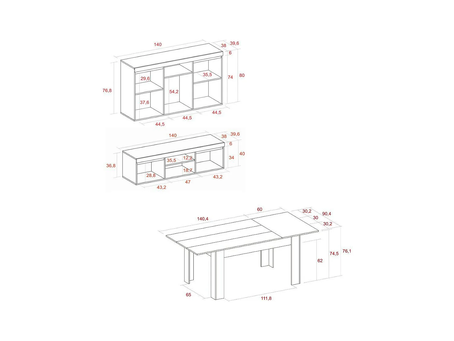 Ensemble Naturale salon, salle à manger, buffet-meuble tv 140cm-table extensible chêne/noir