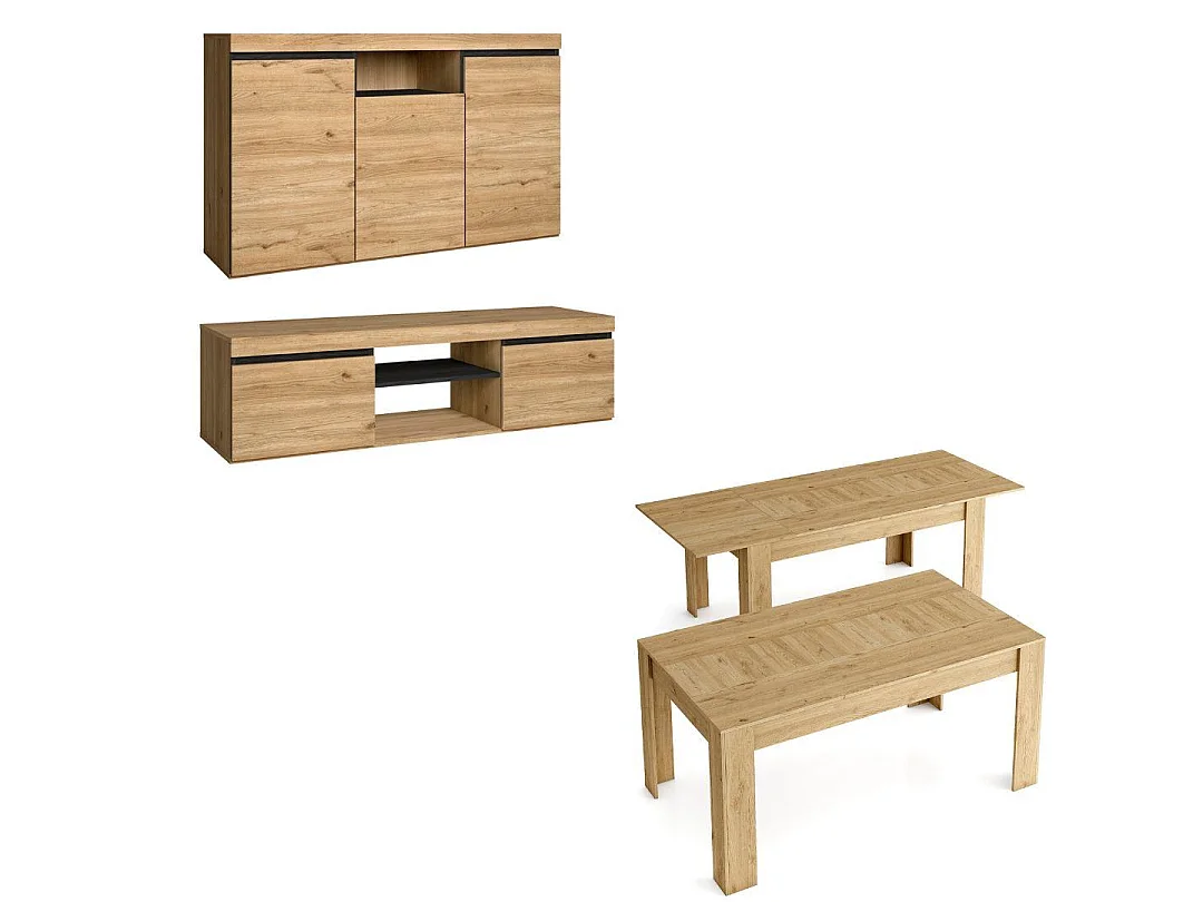 Ensemble Naturale salon, salle à manger, buffet-meuble tv 140cm-table extensible chêne et noir