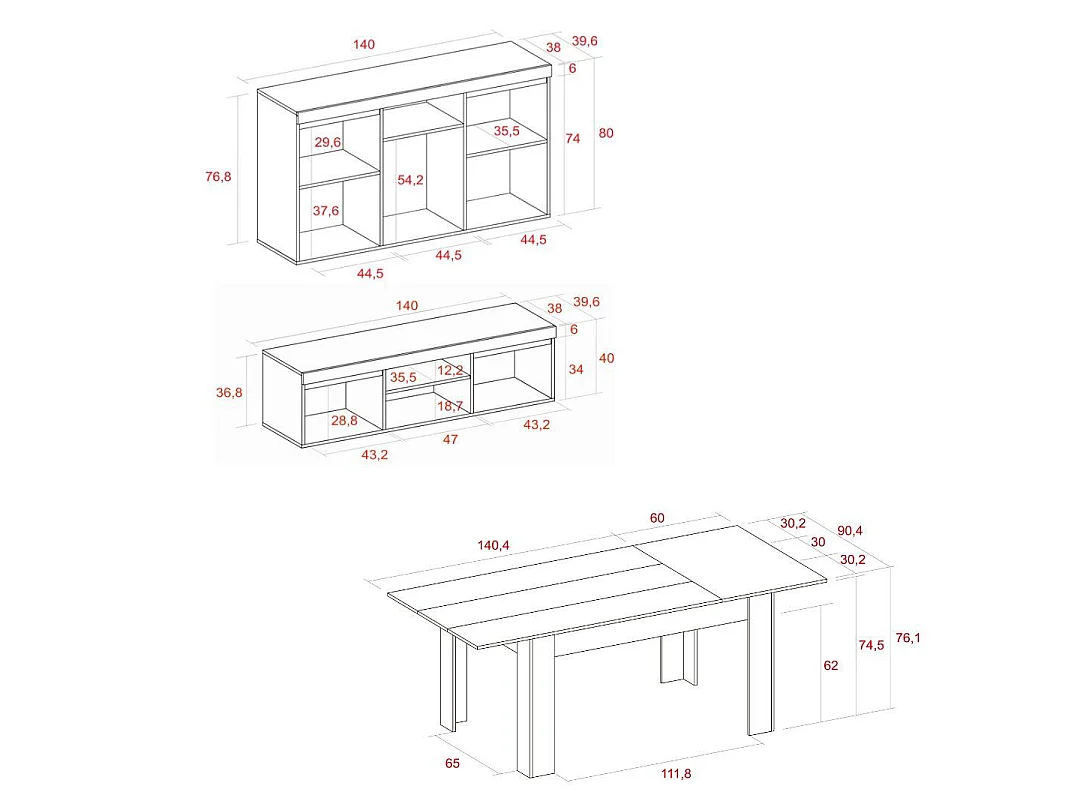Ensemble Naturale salon, salle à manger, buffet-meuble tv 140cm-table extensible chêne et noir