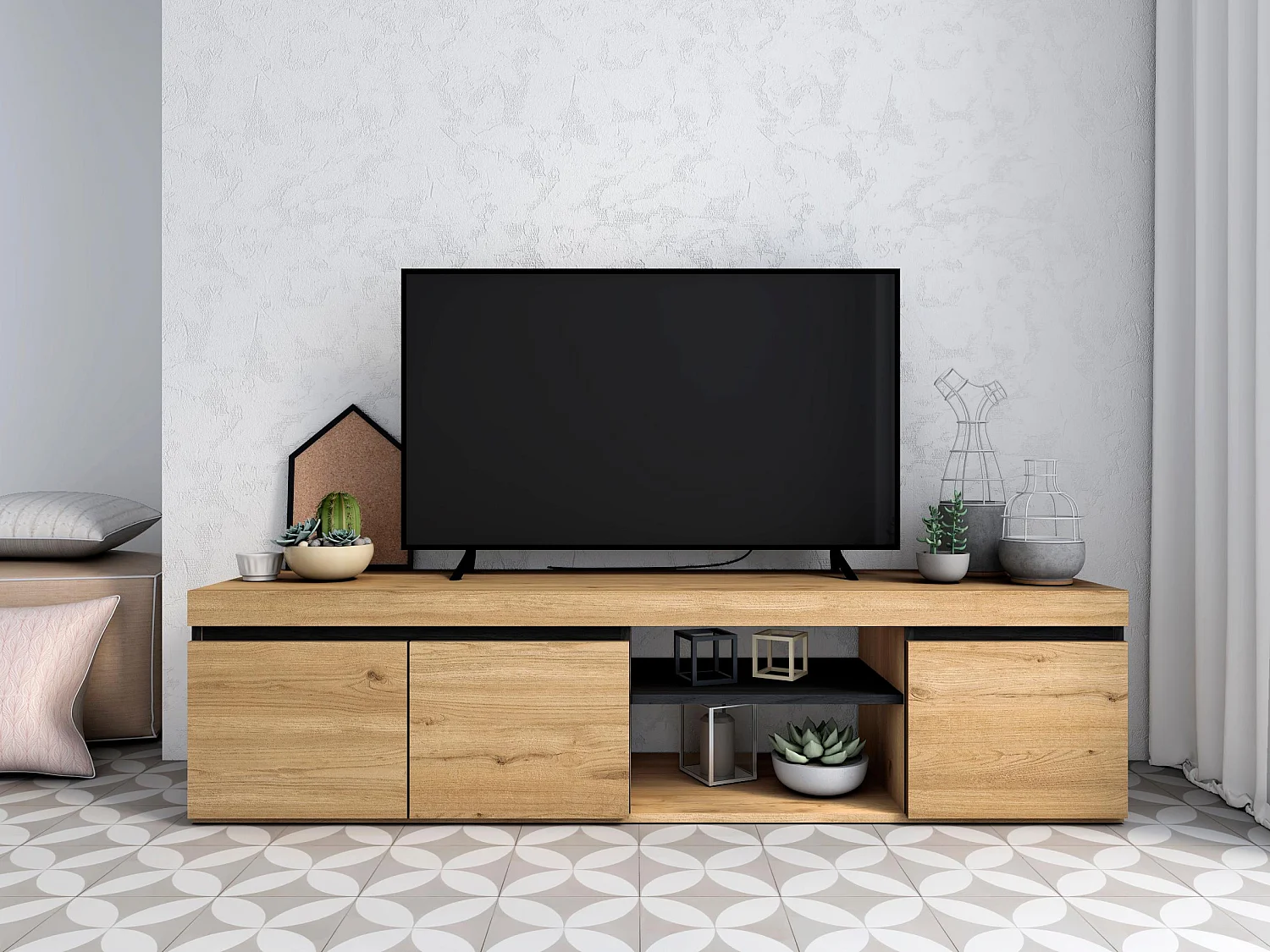 Set Naturale Wohnzimmer-Esszimmer, Anrichte, Sideboard-TV Schrank160cm-ausziehbarer Tisch Eiche/schwarz
