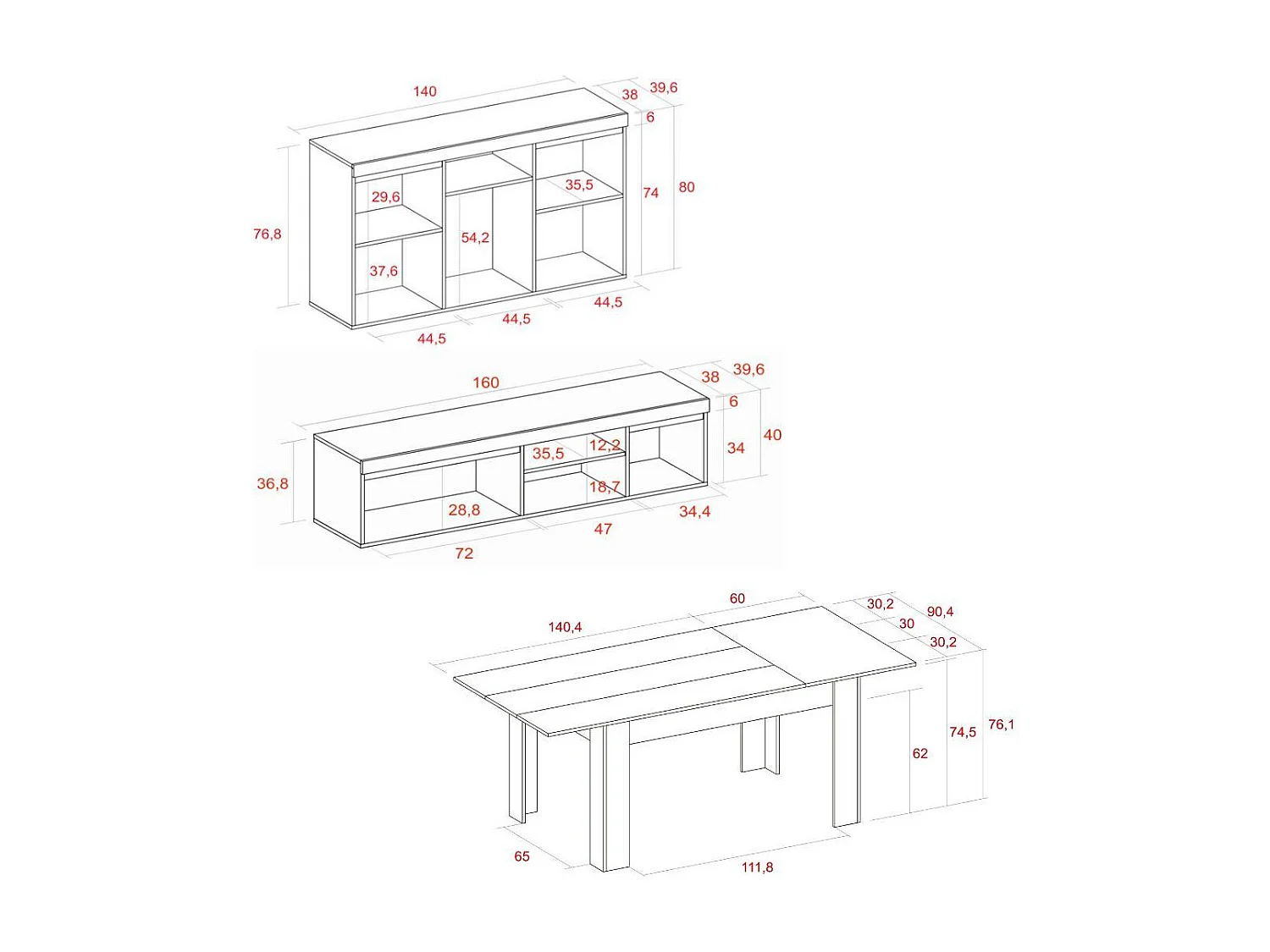 Set Naturale Wohnzimmer-Esszimmer, Anrichte, Sideboard-TV Schrank160cm-ausziehbarer Tisch Eiche/schwarz