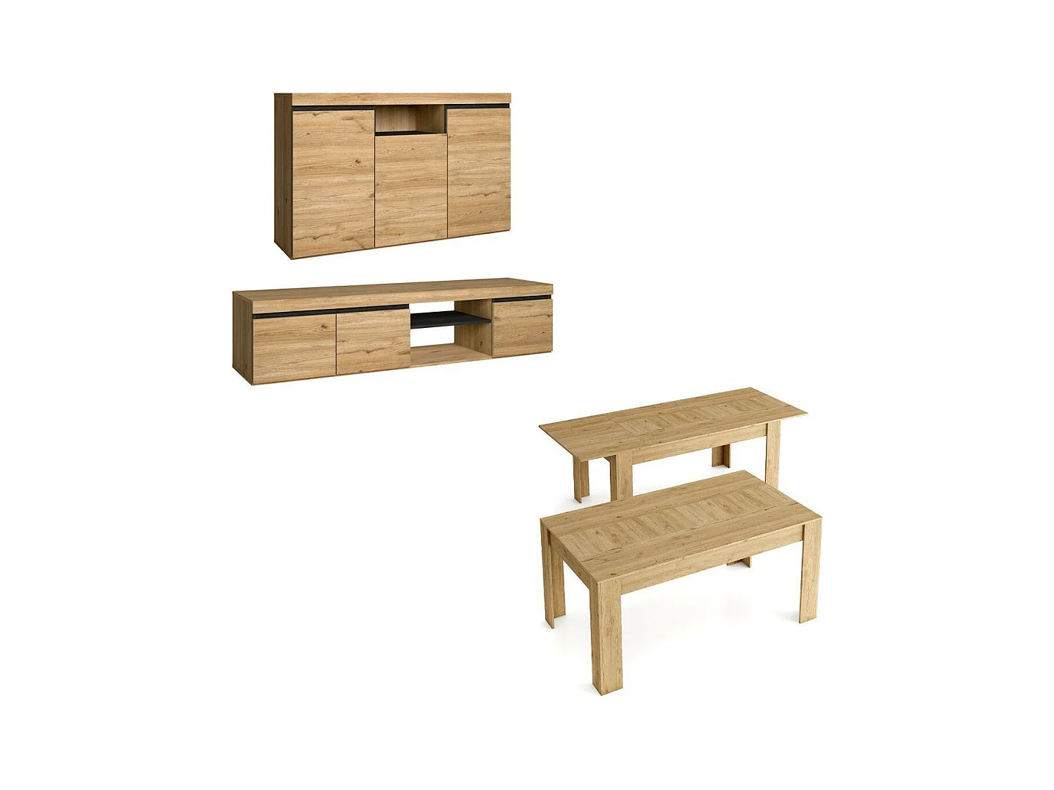 Ensemble Naturale Salle à manger, buffet-meule tv 160cm-table extensible chêne/noir