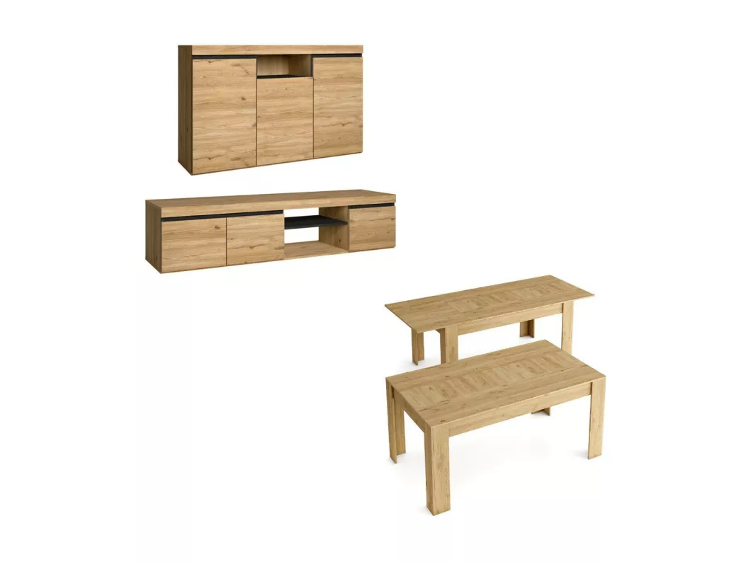 Kauf Unique Set Naturale Esszimmer, Sideboard-TV Schrank160cm-ausziehbarer Tisch Eiche/schwarz