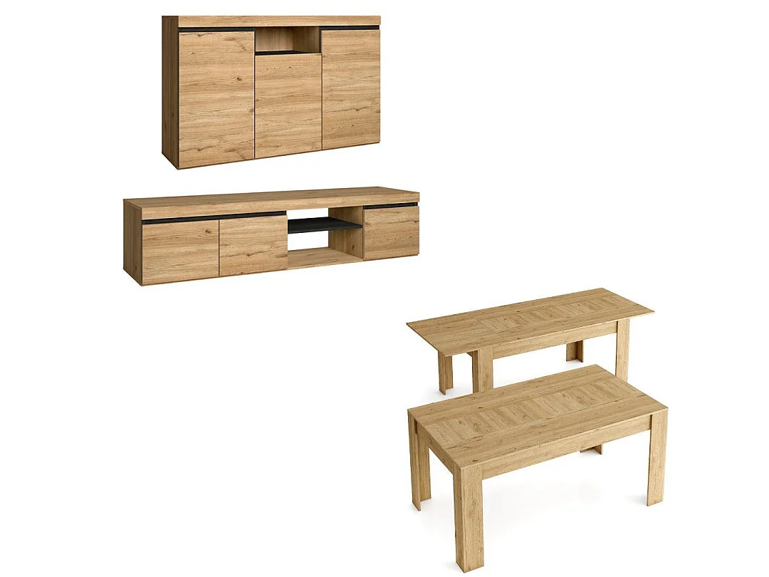 Ensemble Naturale Salle à manger, buffet-Meuble tv 160cm-table extensible chêne et noir