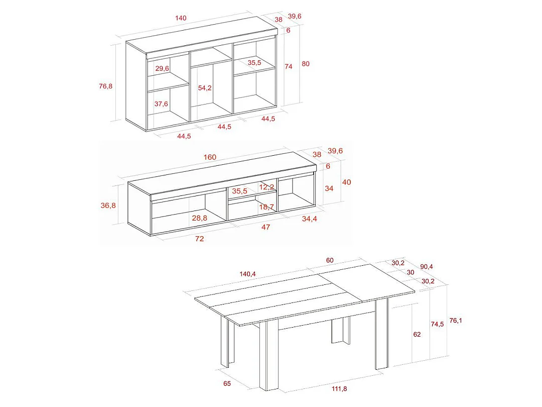 Ensemble Naturale Salle à manger, buffet-Meuble tv 160cm-table extensible chêne et noir