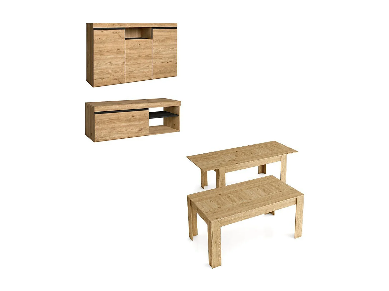 Furniture Set, NATORE MODEL, Buffet -Mueble TV 120cm - Uitbreidbare tabel, Eetkamer, Eik en zwart, Industriële stijl