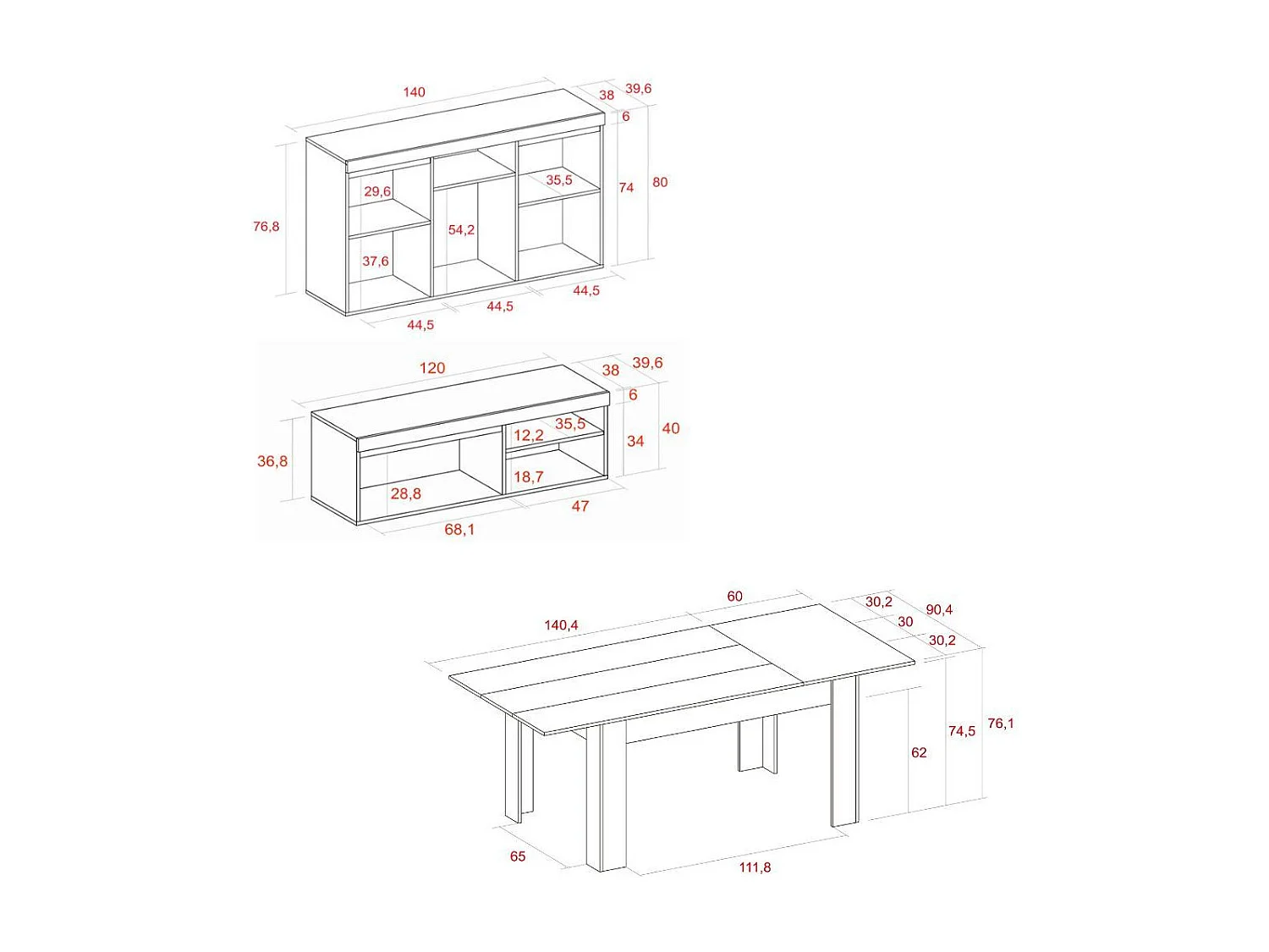 Ensemble Natural Salle à manger, buffet-meuble tv 120cm-table extensible chêne/noir