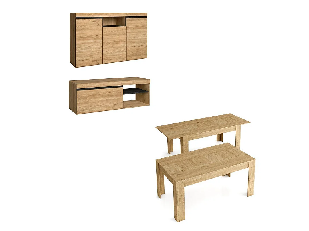 Ensemble Natural Salle à manger, buffet-meuble tv 120cm-table extensible chêne et noir