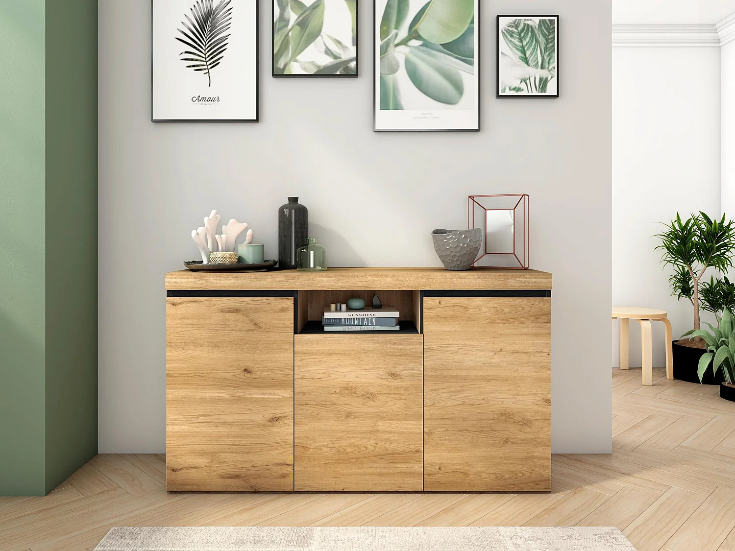 Ensemble Natural Salle à manger, buffet-meuble tv 120cm-table extensible chêne et noir