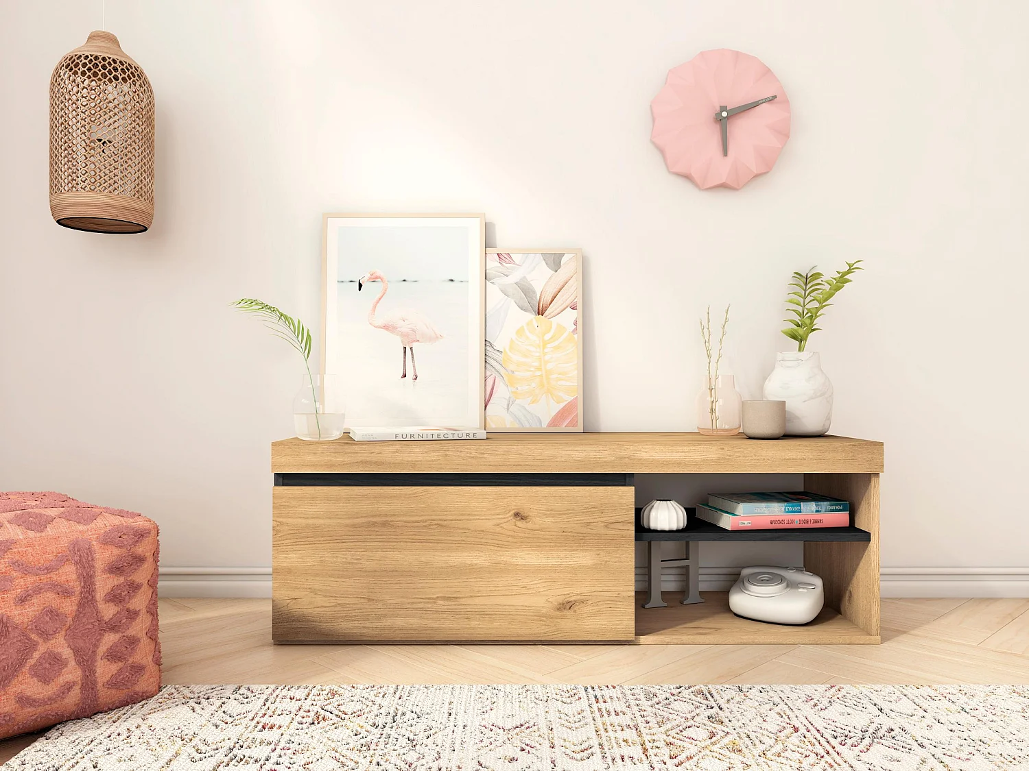 Ensemble Natural Salle à manger, buffet-meuble tv 120cm-table extensible chêne et noir