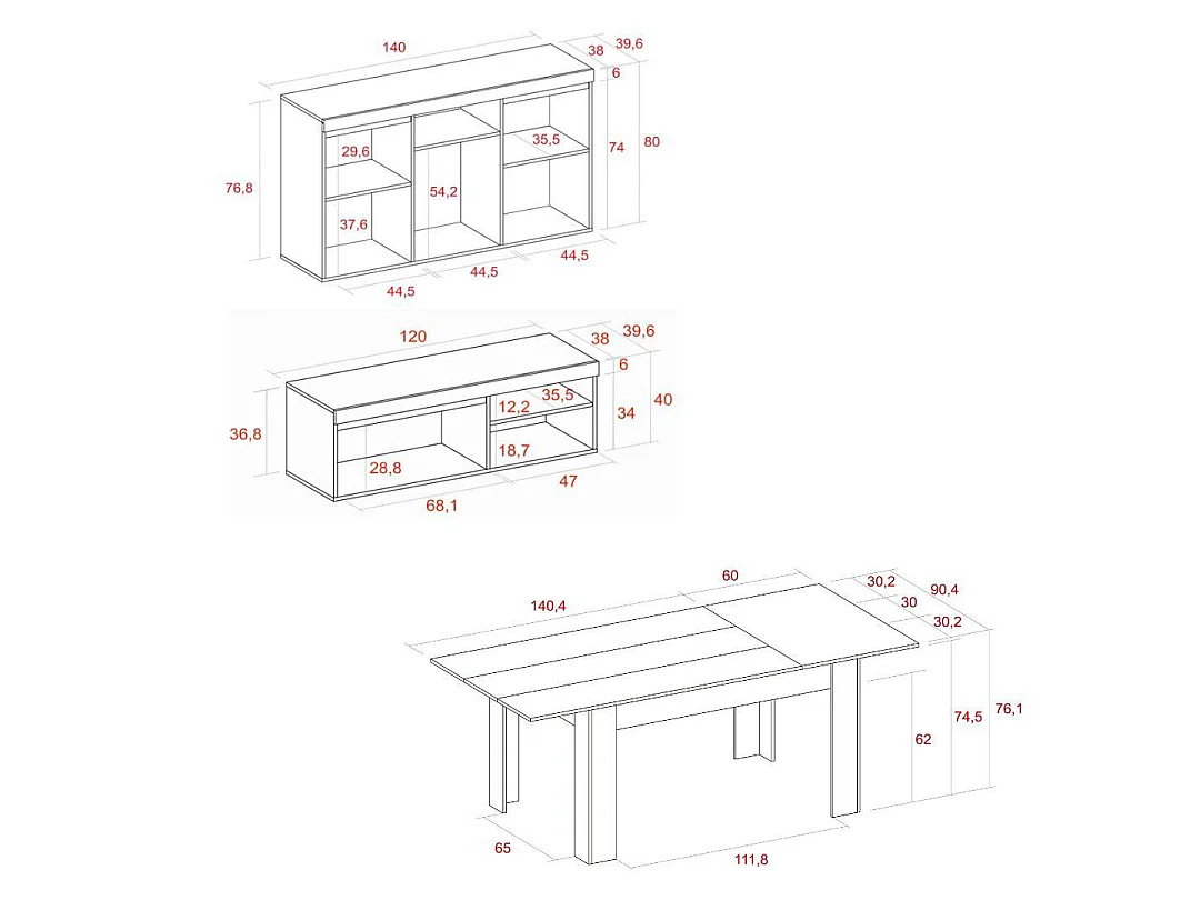 Ensemble Natural Salle à manger, buffet-meuble tv 120cm-table extensible chêne et noir