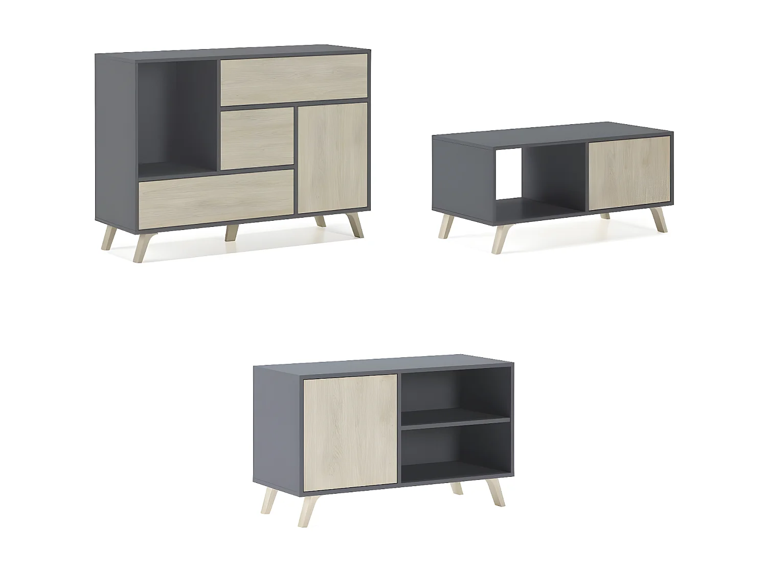 Ensemble Wind, salon, salle à manger, Buffet-Meuble tv-Table basse Gris/Chêne