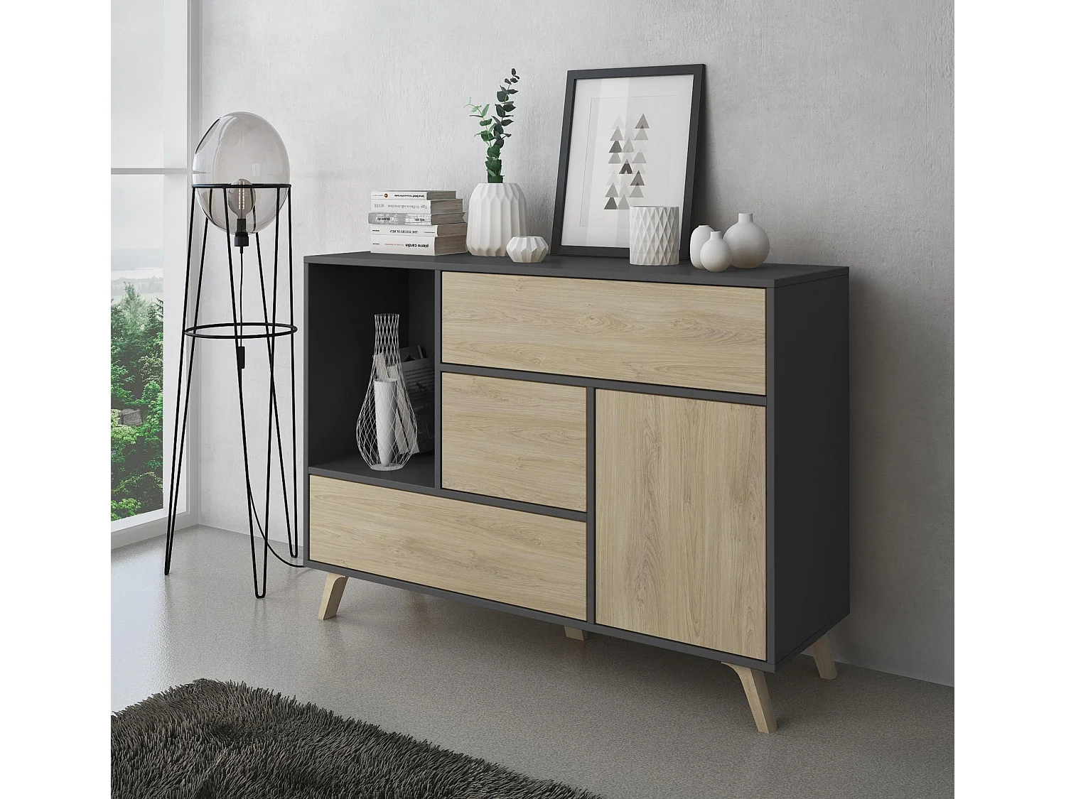 Ensemble Wind, salon, salle à manger, Buffet-Meuble tv-Table basse Gris/Chêne