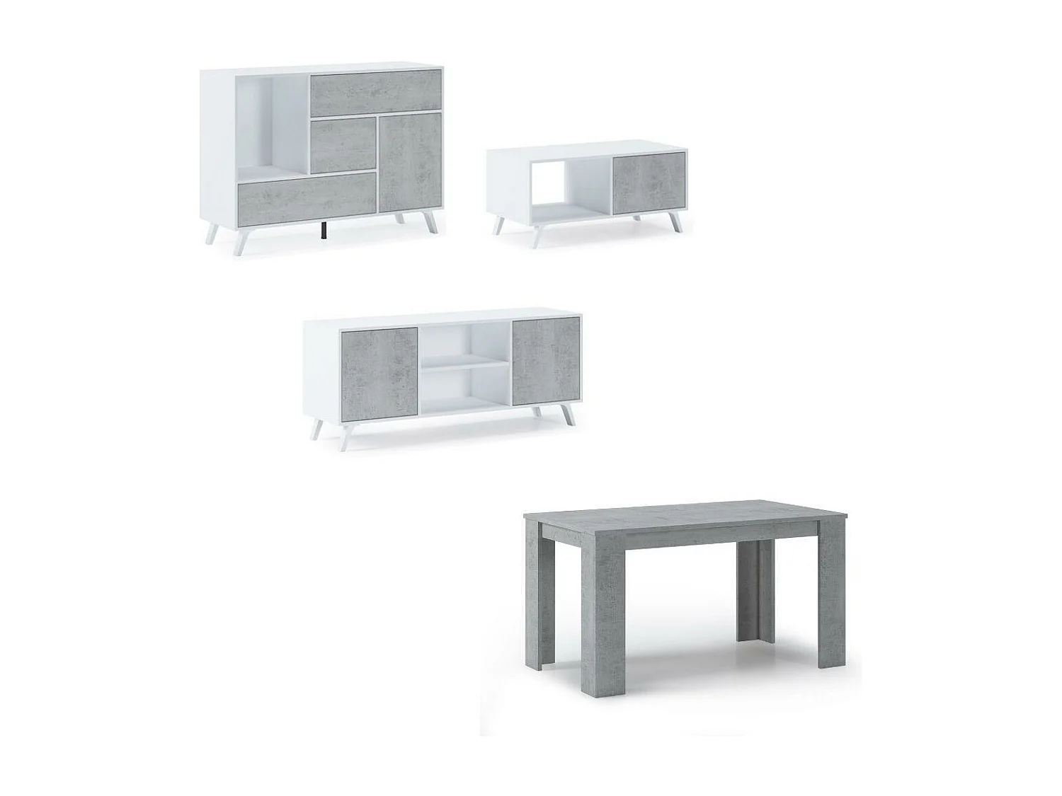 Ensemble Wind, Salle à manger, Buffet-Meuble TV-Table centrale-Table fixe Blanc/Ciment