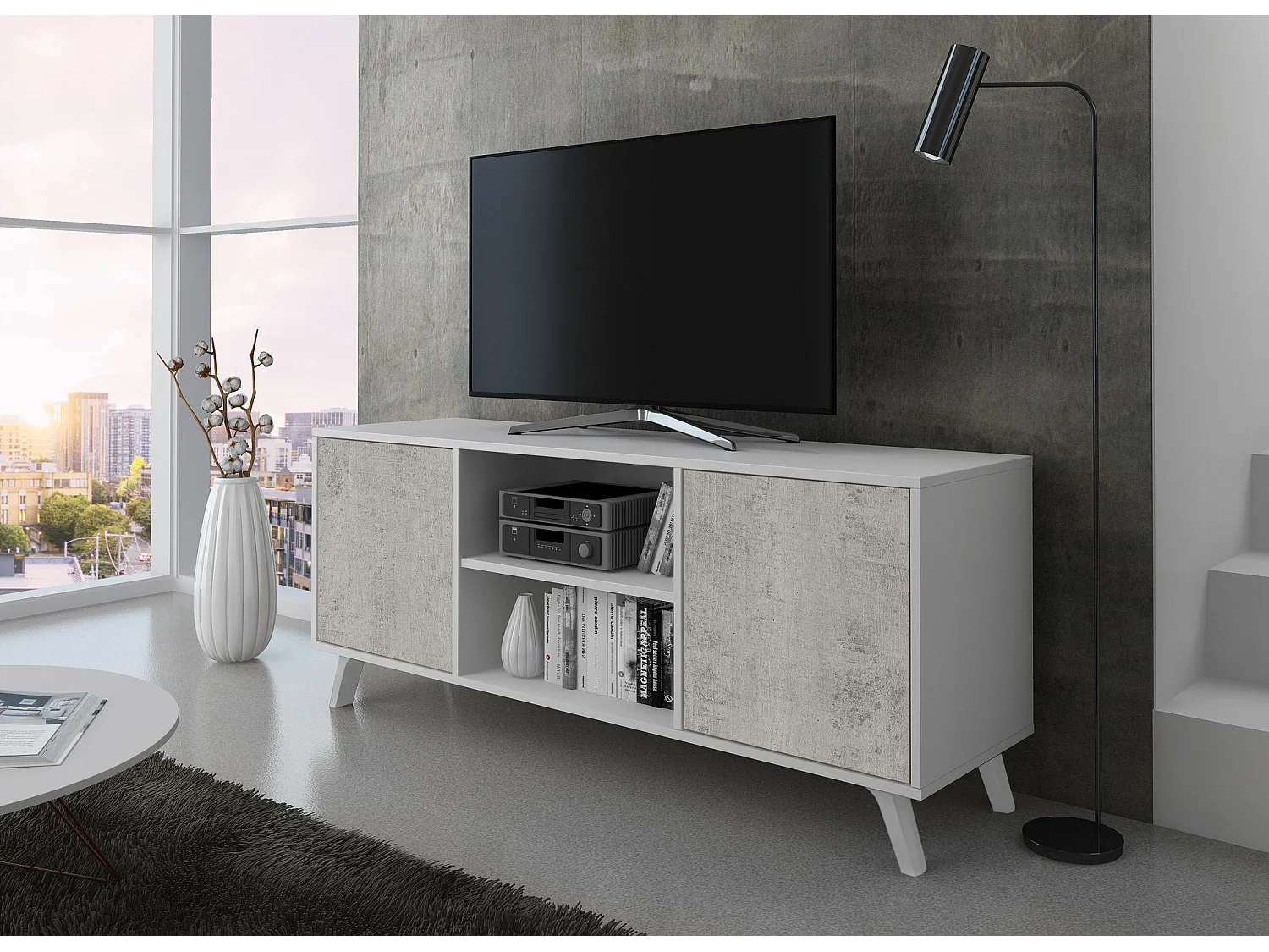 Ensemble Wind, Salle à manger, Buffet-Meuble TV-Table centrale-Table fixe Blanc/Ciment