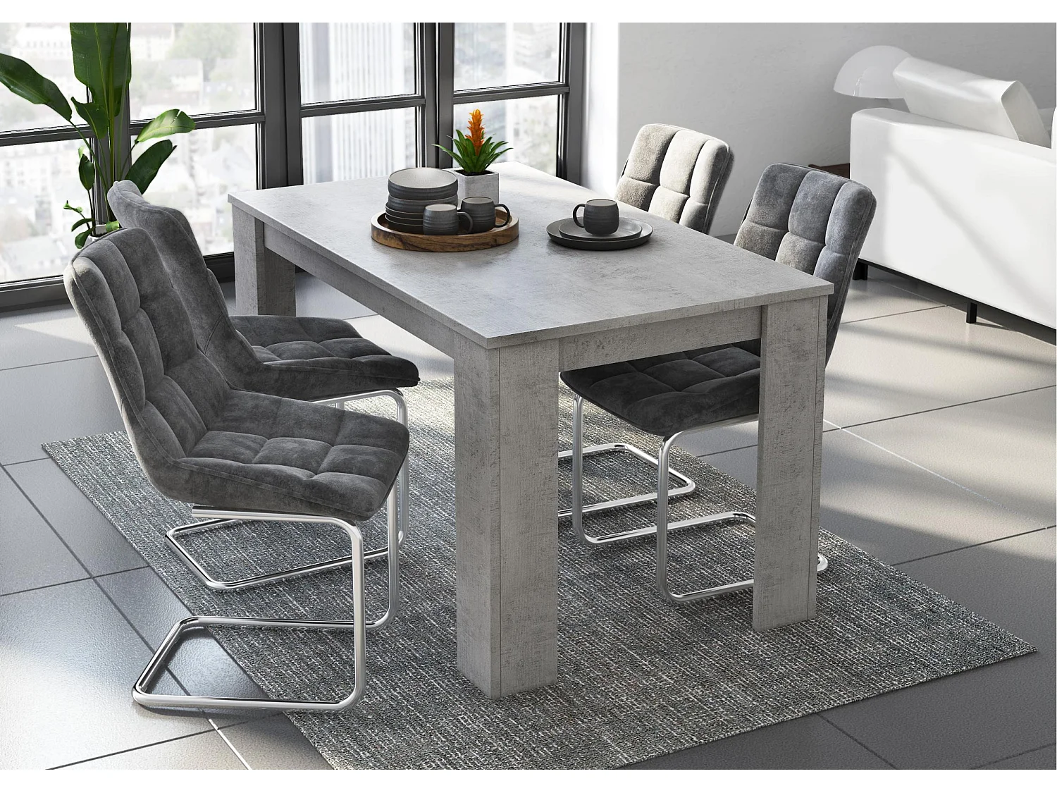 Ensemble Wind, Salle à manger, Buffet-Meuble TV-Table centrale-Table fixe Blanc/Ciment