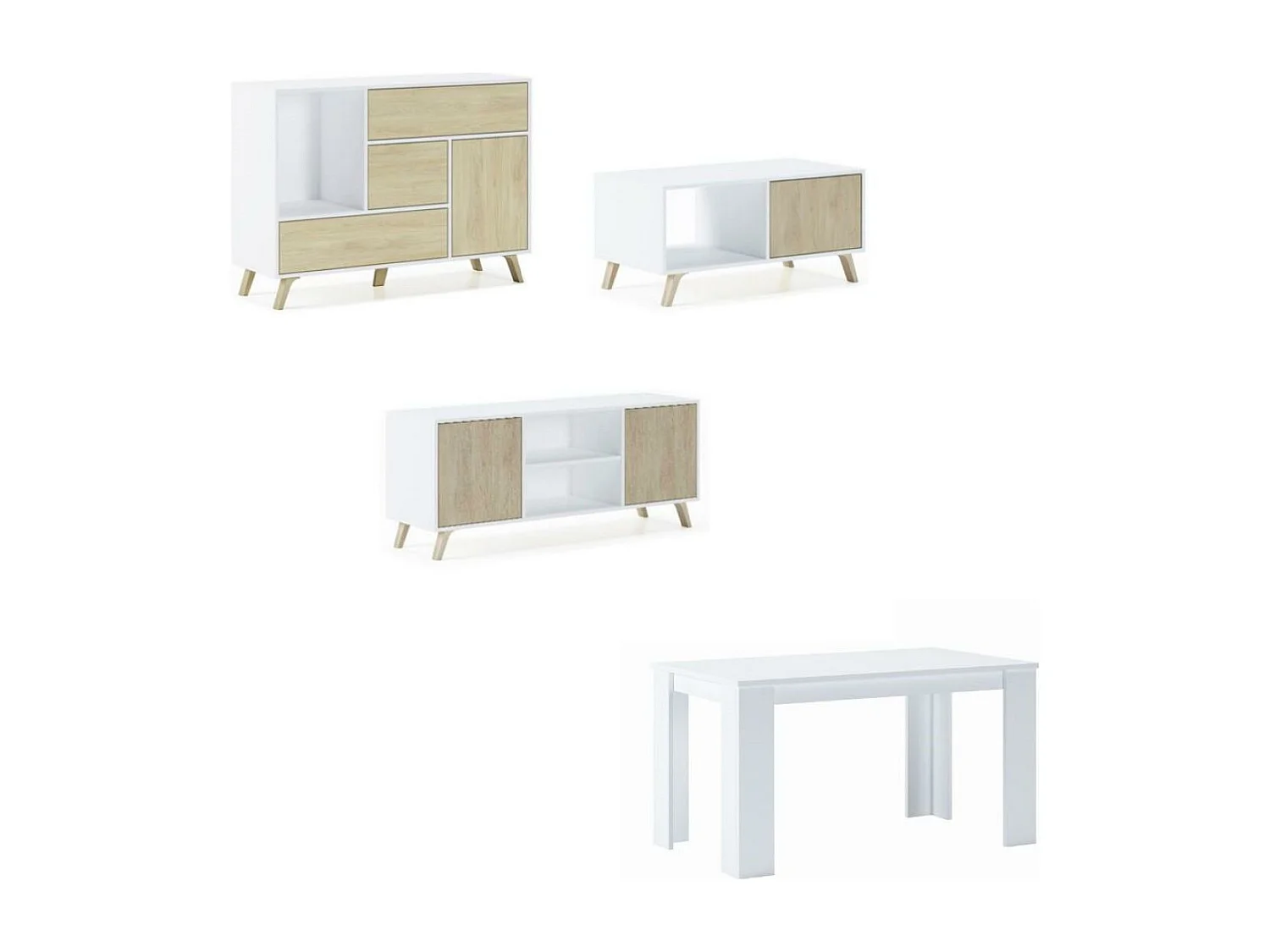 Ensemble Wind, Salon/salle à manger, Buffet-Meuble TV-Table basse-Table fixe Blanc/Chêne