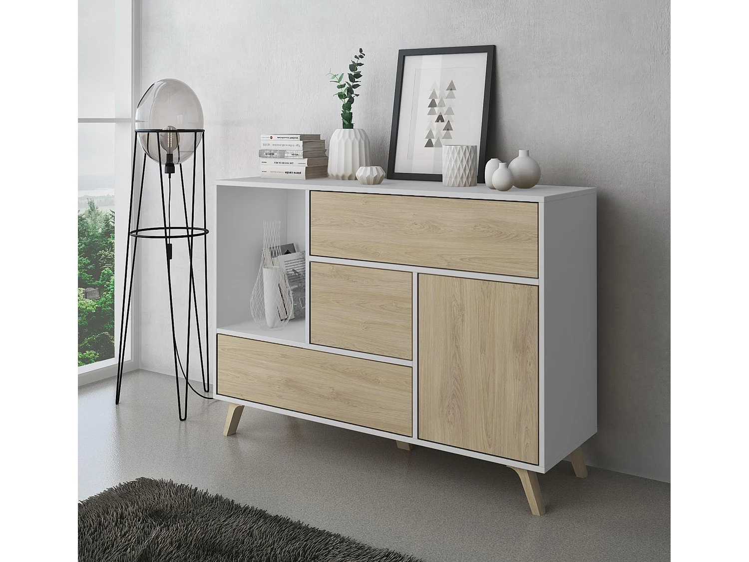Ensemble Wind, Salon/salle à manger, Buffet-Meuble TV-Table basse-Table fixe Blanc/Chêne