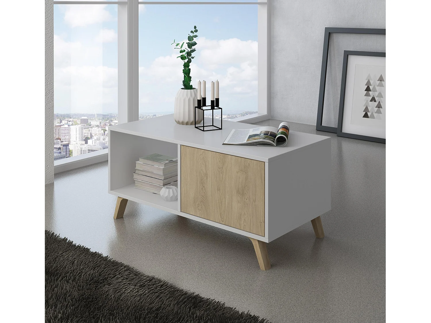 Ensemble Wind, Salon/salle à manger, Buffet-Meuble TV-Table basse-Table fixe Blanc/Chêne