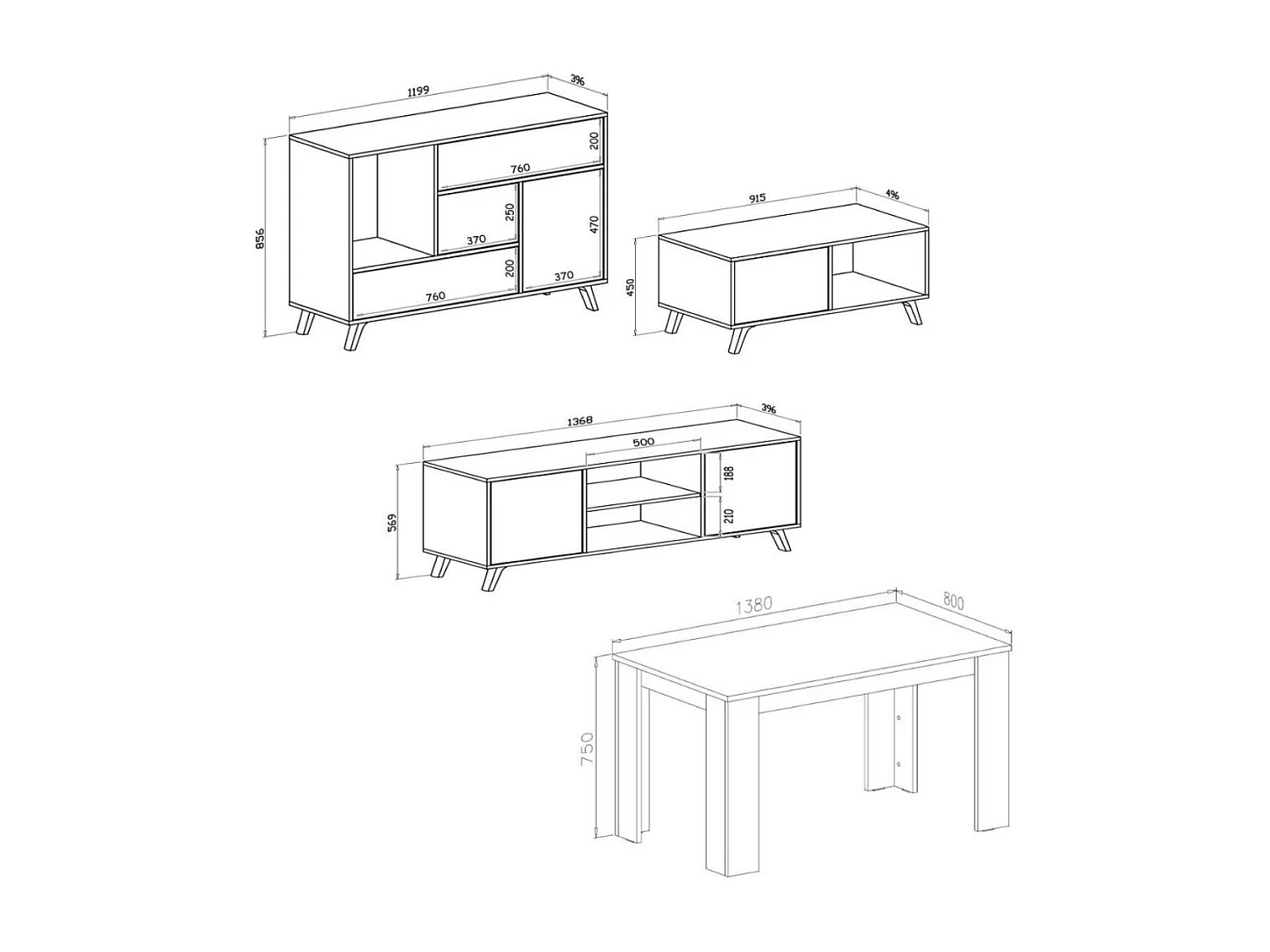 Ensemble Wind, Salon/salle à manger, Buffet-Meuble TV-Table basse-Table fixe Blanc/Chêne