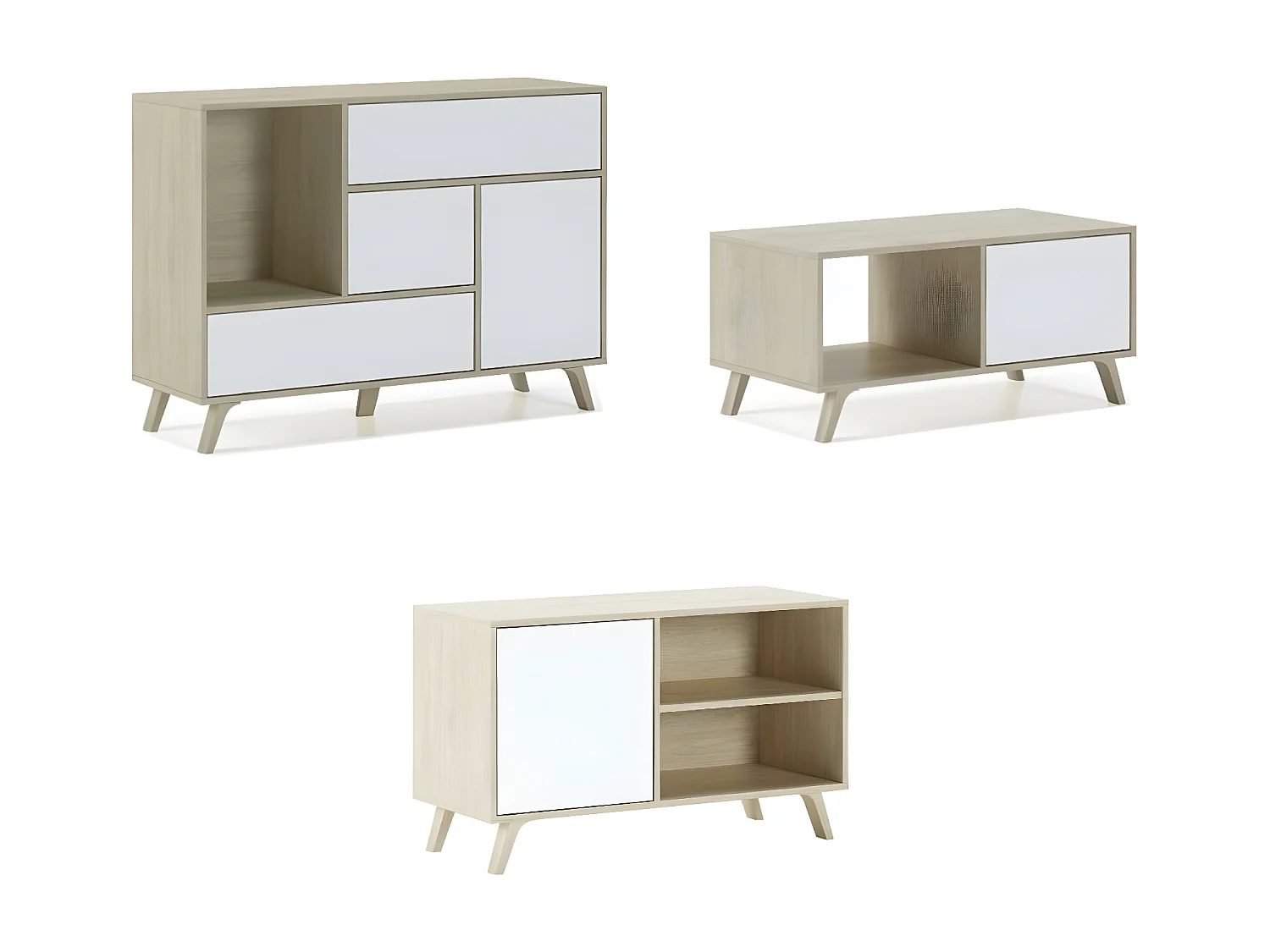 Set Wind Sala de estar/jantar, Buffet-Móvel TV100- mesa de café Carvalho/Branco