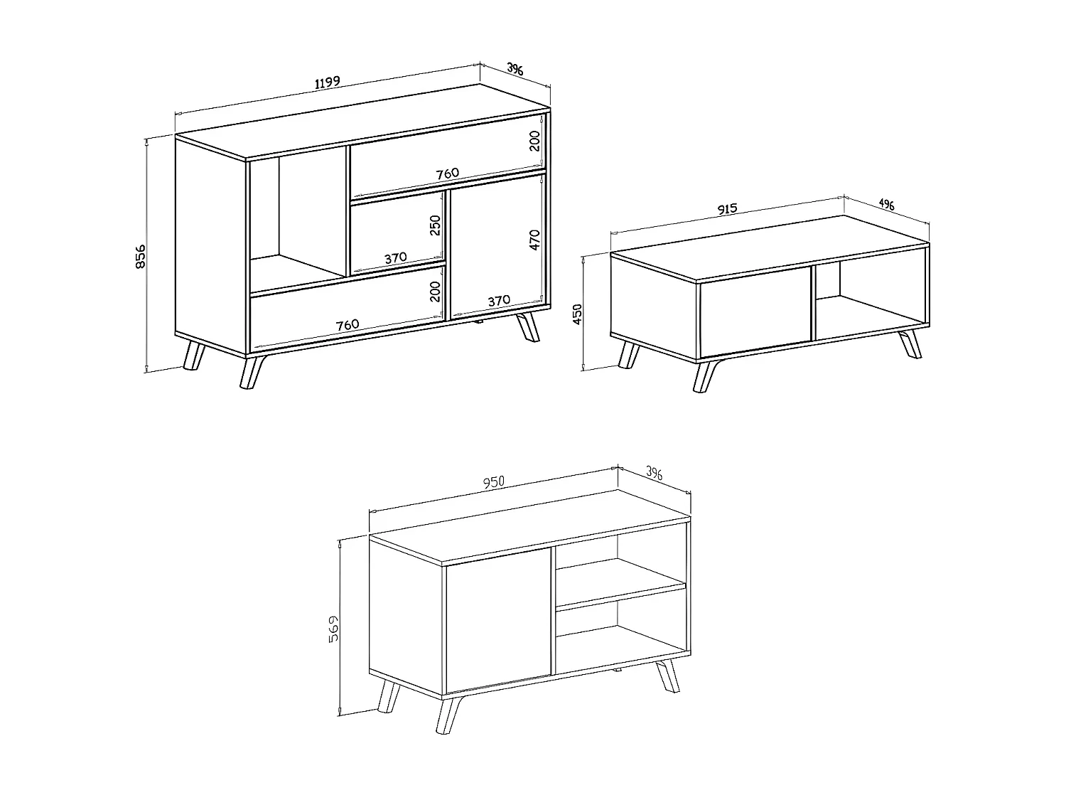 Set Wind Sala de estar/jantar, Buffet-Móvel TV100- mesa de café Carvalho/Branco