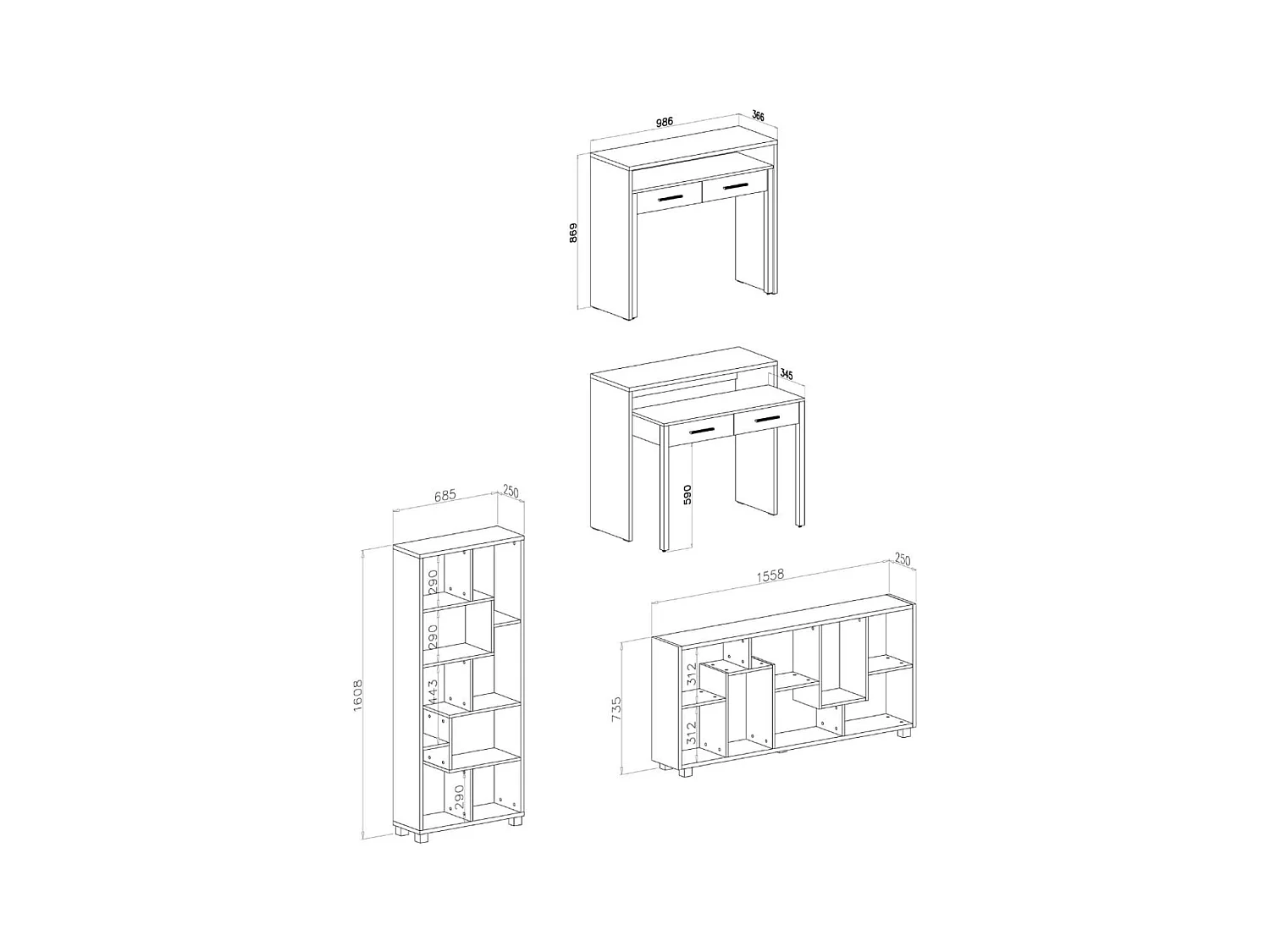 Ensemble, Bureau extensible-Bibliothèque/étagère couleur blanche