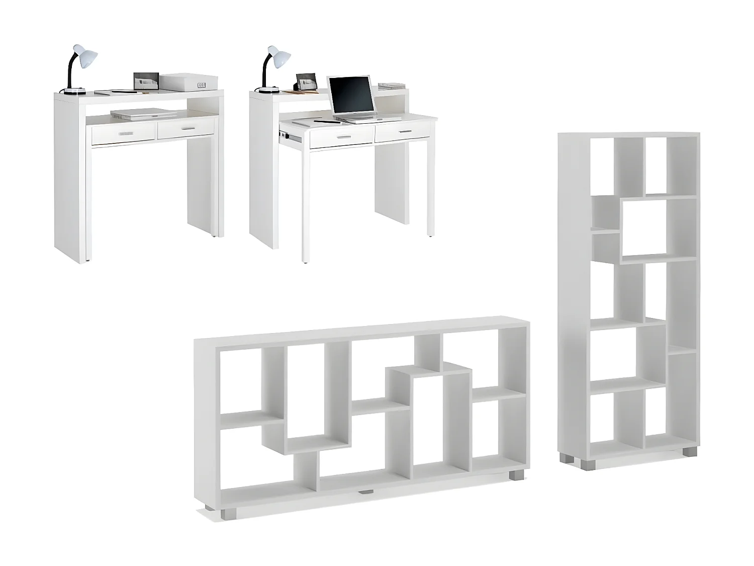 Set Escritorio extensible- Estantería Librería color blanco