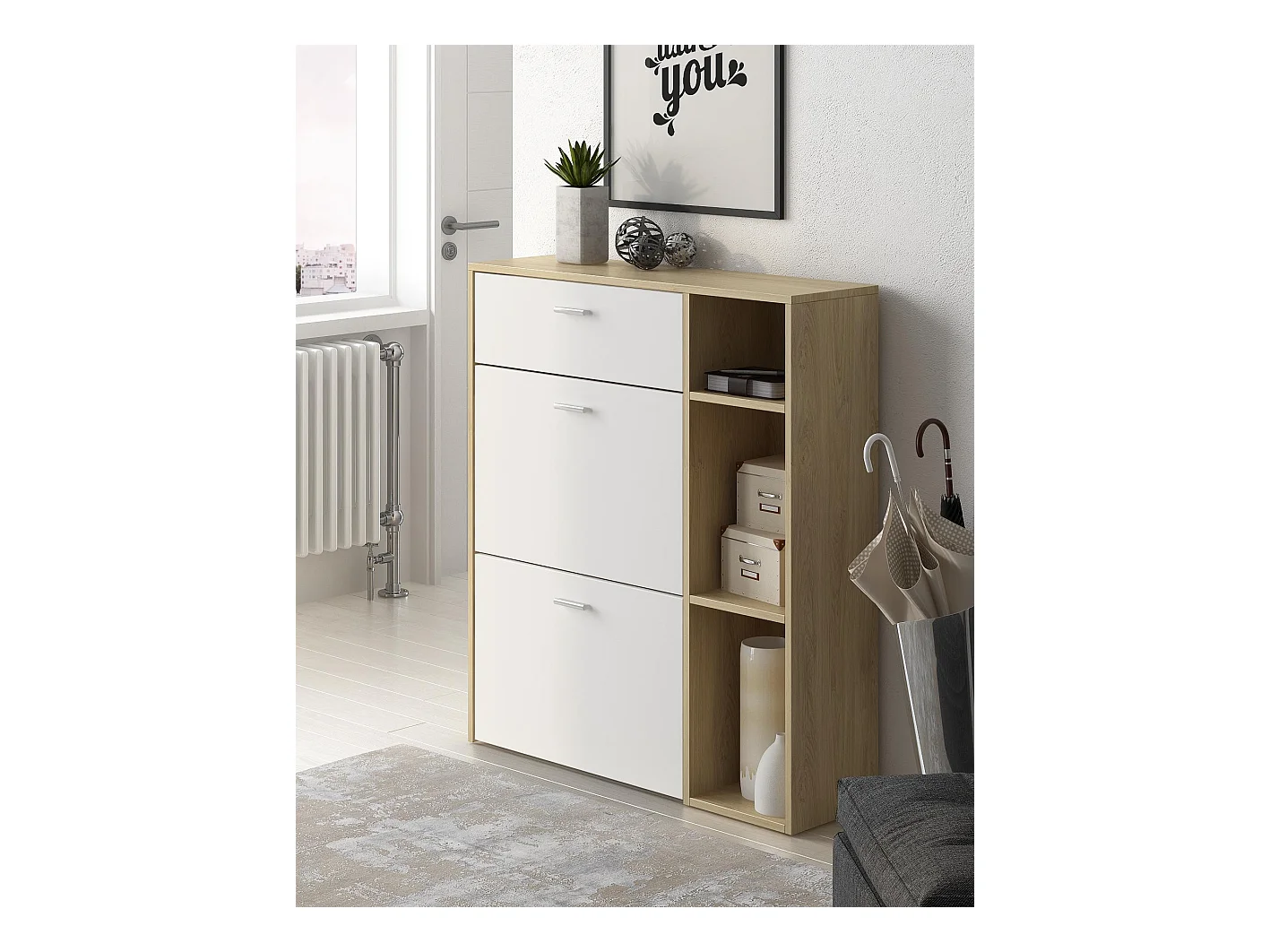 Ensemble Meuble à chaussures Structure Chêne tiroir et portes Blanc, Étagère Blanc Mat