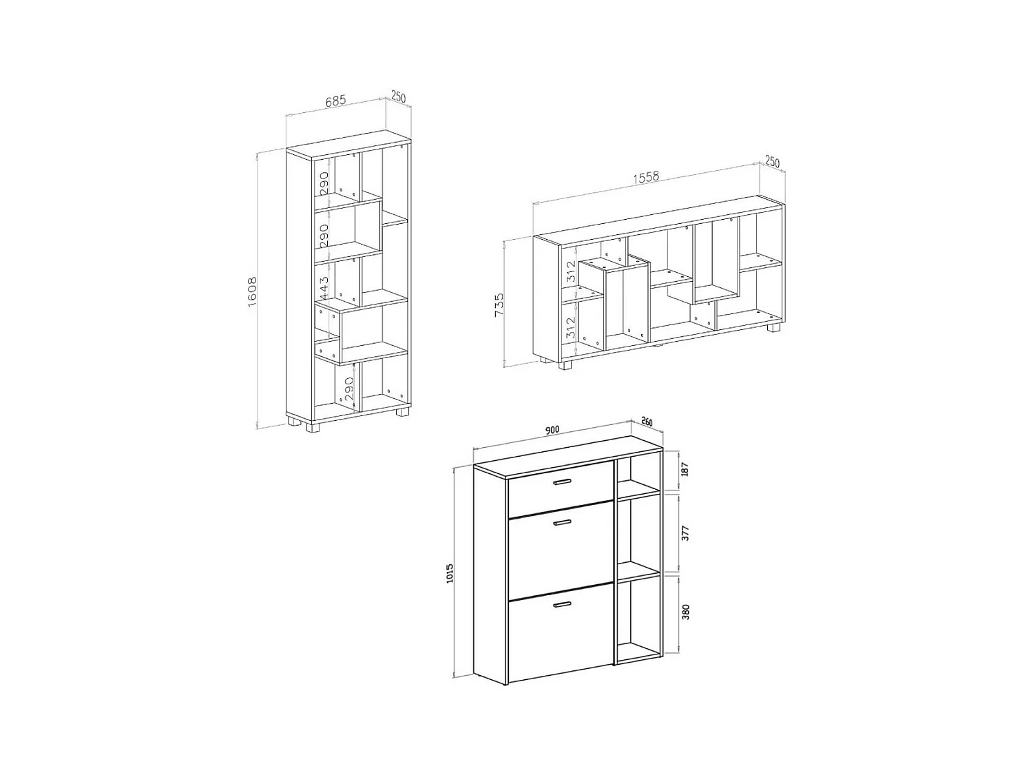 Ensemble Meuble à chaussures Structure Chêne tiroir et portes Blanc, Étagère Blanc Mat