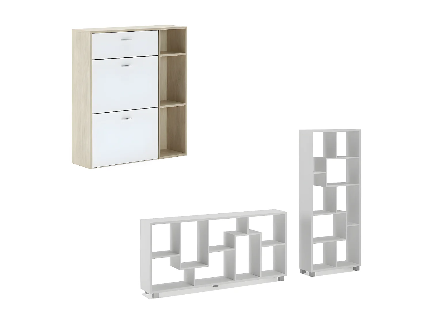 Entrance Set, Windmodel, 90x26x101.5 cm / 68.5x25x161cm, 1 Zapatero -meubels en 1 plank, Eik en wit, Noordse stijl