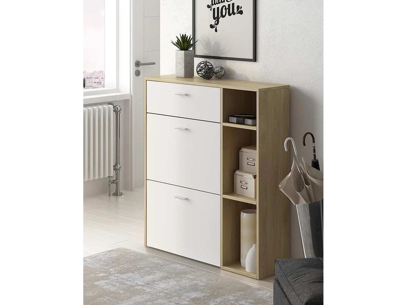 Entrance Set, Windmodel, 90x26x101.5 cm / 68.5x25x161cm, 1 Zapatero -meubels en 1 plank, Eik en wit, Noordse stijl