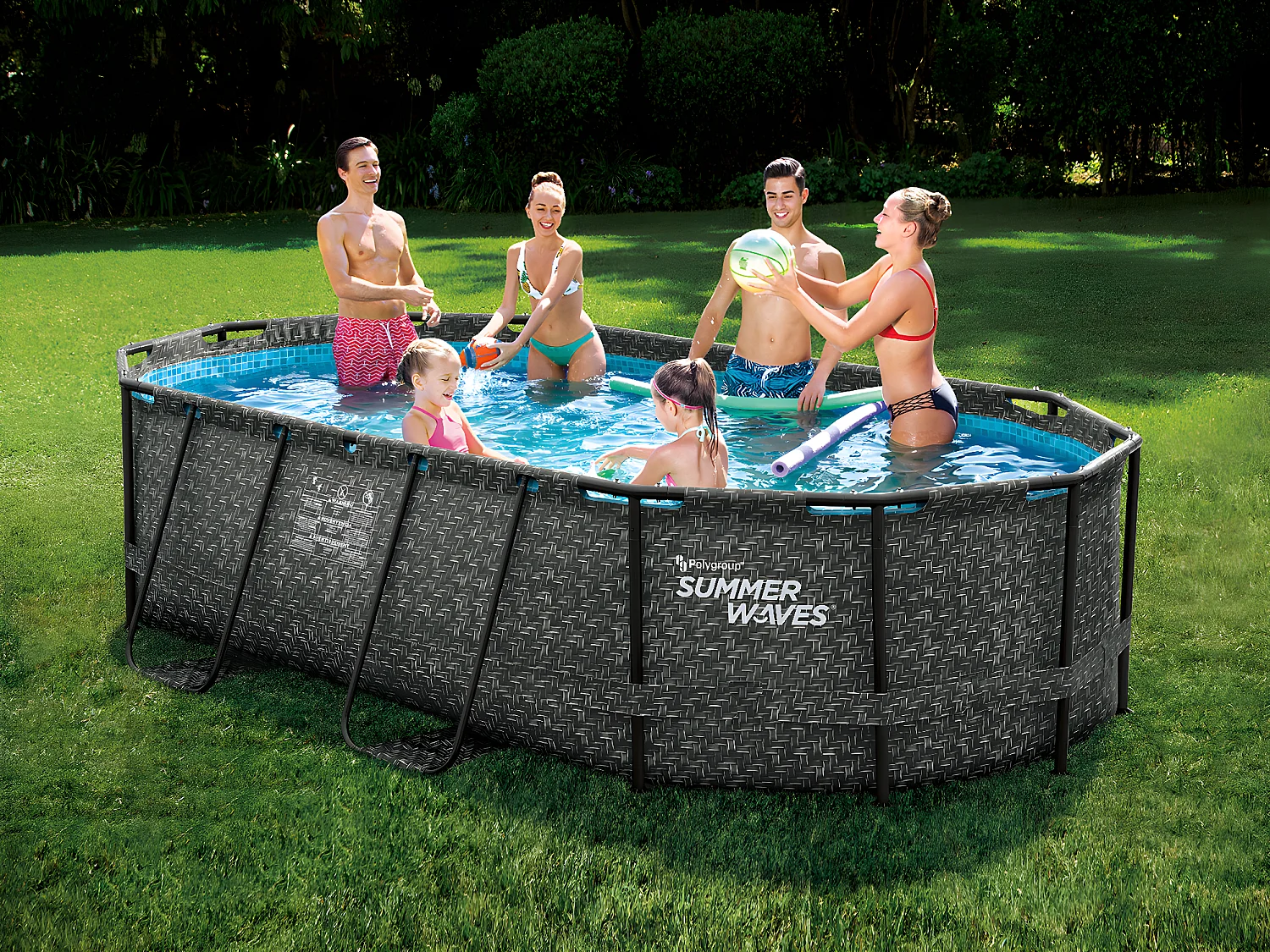 Piscine tubulaire ovale effet chevrons gris foncé avec pompe filtrante à cartouche - L424 x P250 x H100 cm - SALAMANQUE