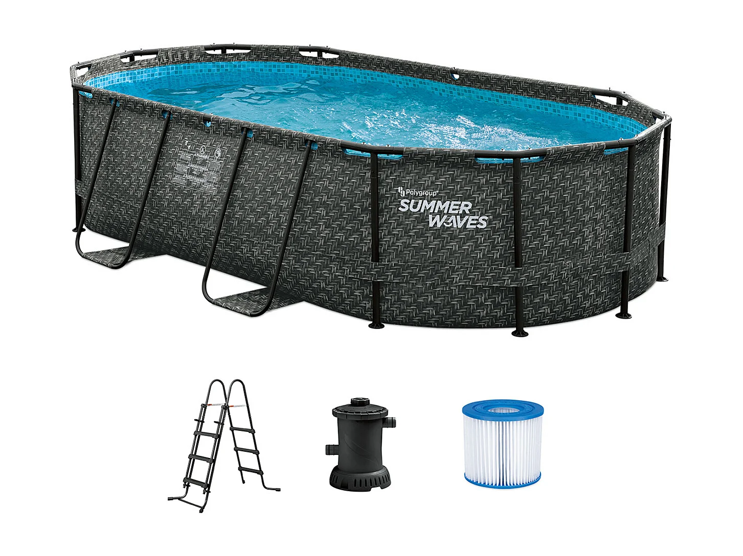 Piscine tubulaire ovale effet chevrons gris foncé avec pompe filtrante à cartouche - L424 x P250 x H100 cm - SALAMANQUE