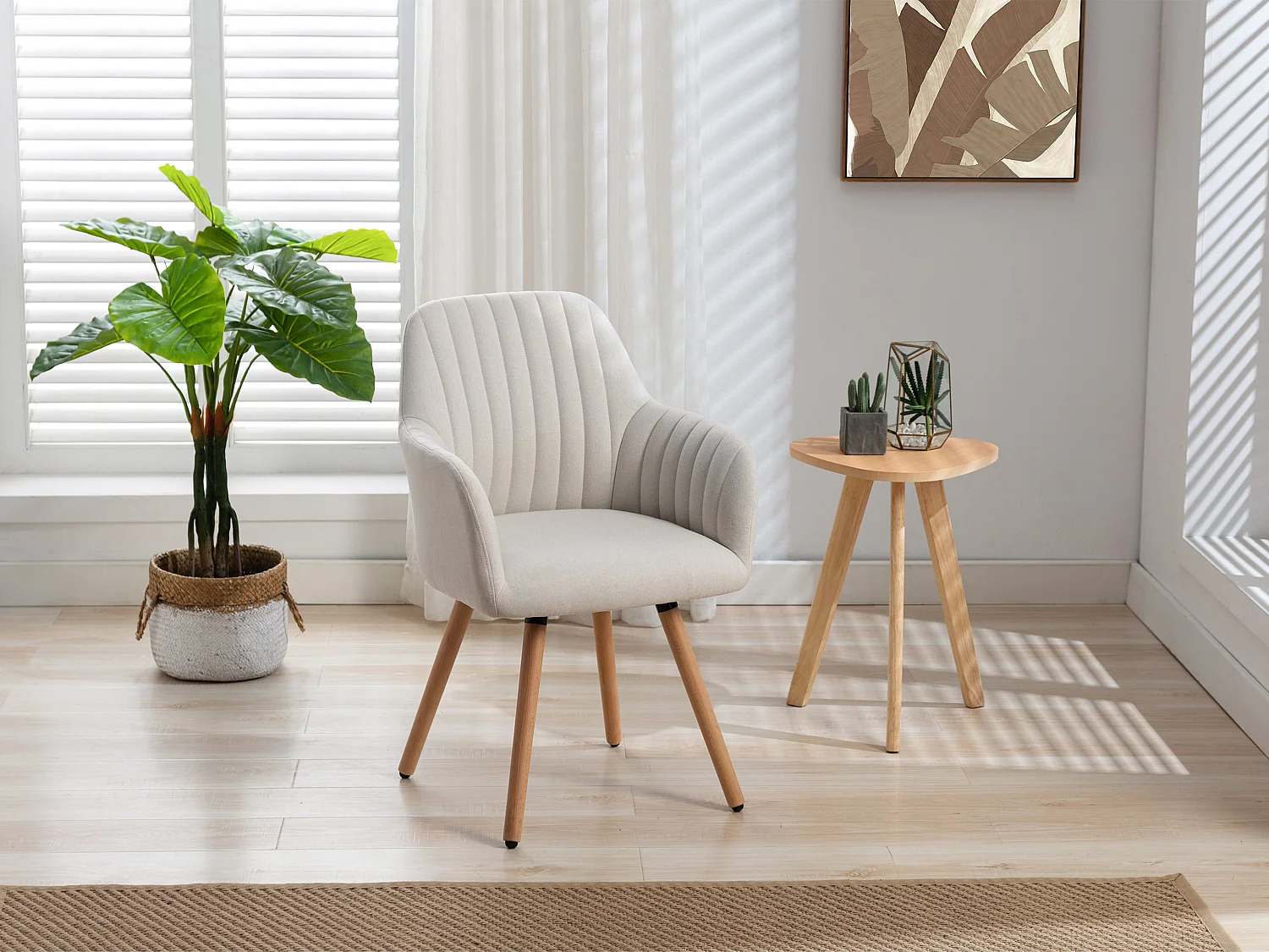 Lot de 2 chaises avec accoudoirs - Tissu et pieds bois de hêtre - Crème - ELEANA