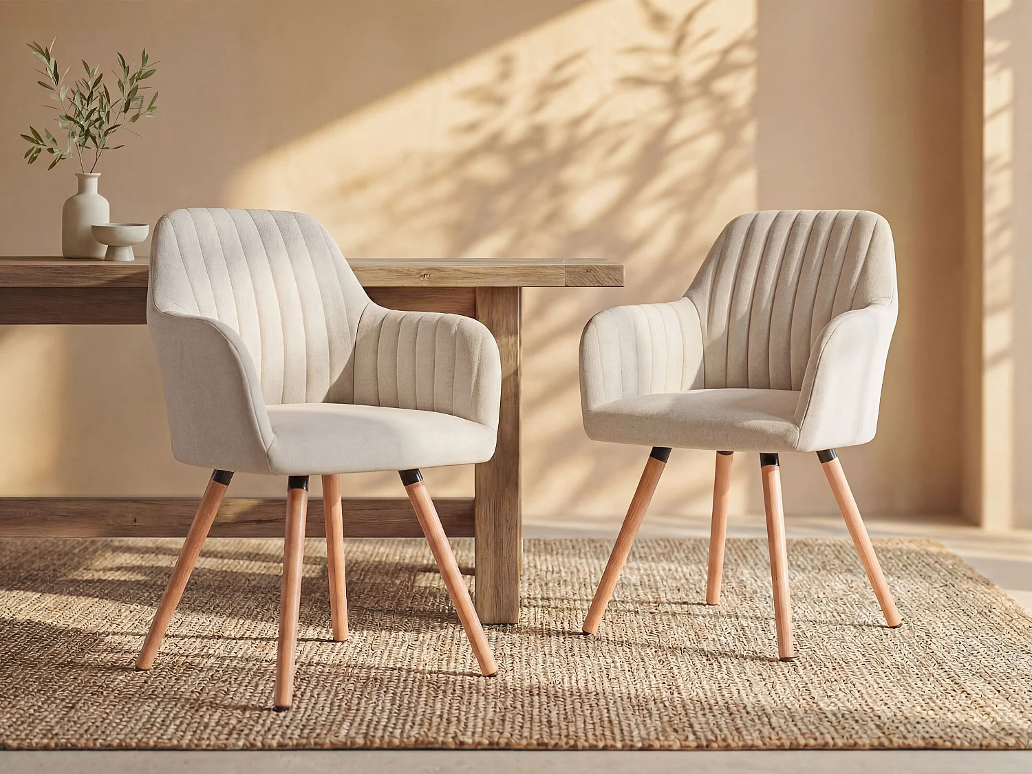 Lot de 2 chaises avec accoudoirs - Tissu et pieds bois de hêtre - Crème - ELEANA