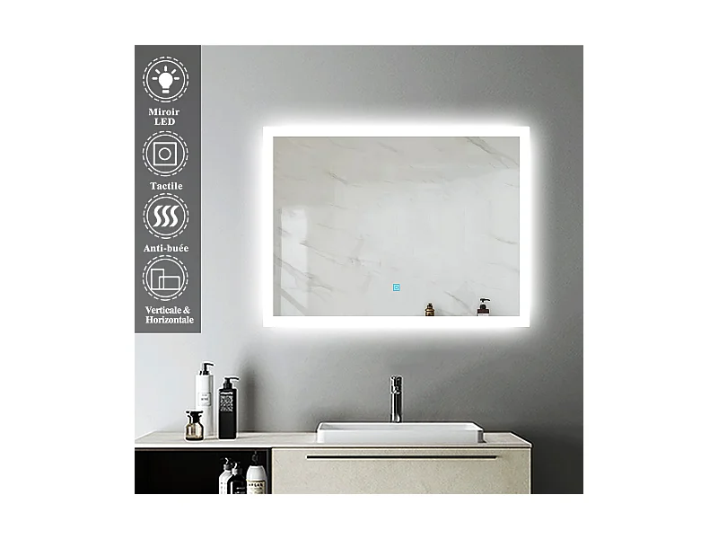 Miroir Lumineux LED Miroir de Salle de Bain Anti-buée Vertical/Horizontal 90 * 70cm Aica