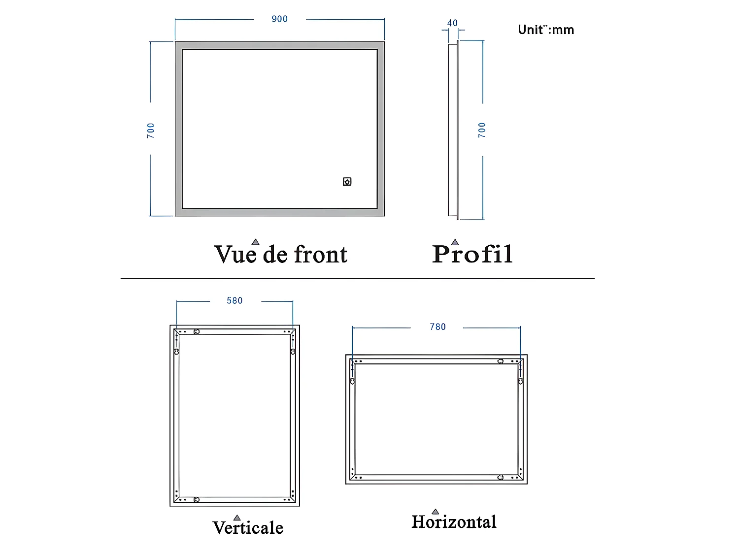 Miroir Lumineux LED Miroir de Salle de Bain Anti-buée Vertical/Horizontal 90 * 70cm Aica