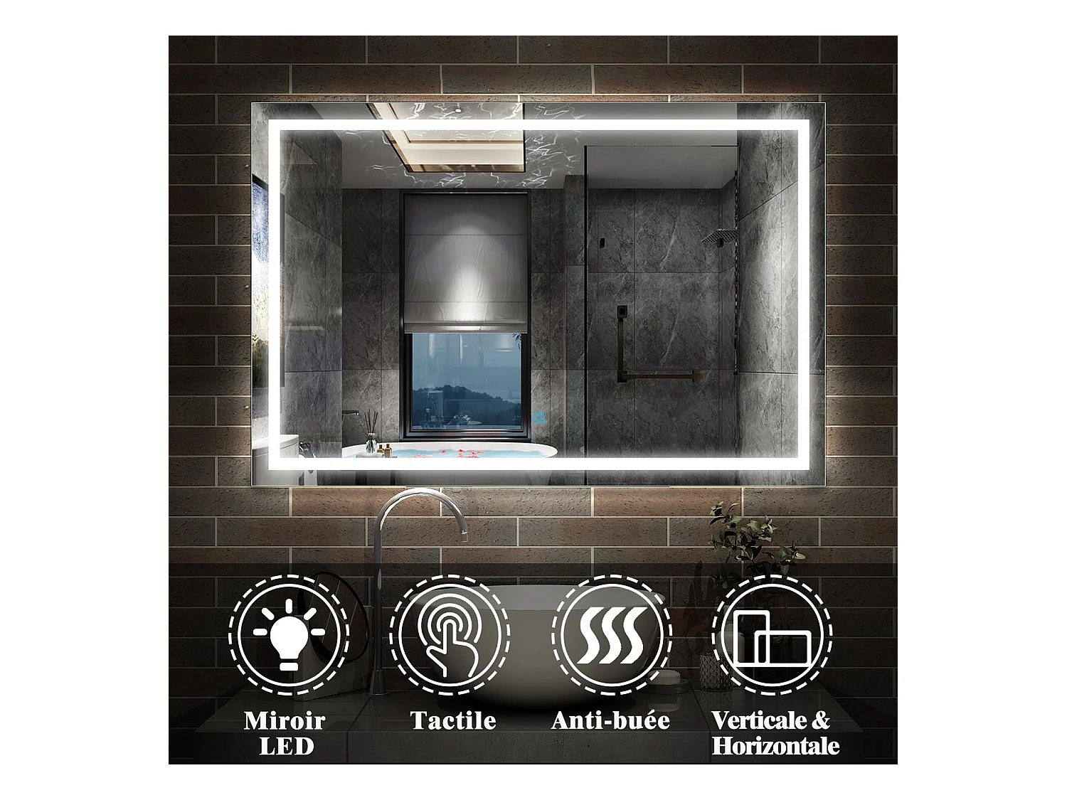 Miroir de Salle de Bain Anti-buée Miroir Lumineux LED Vertical ou Horizontal 100*80cm Aica