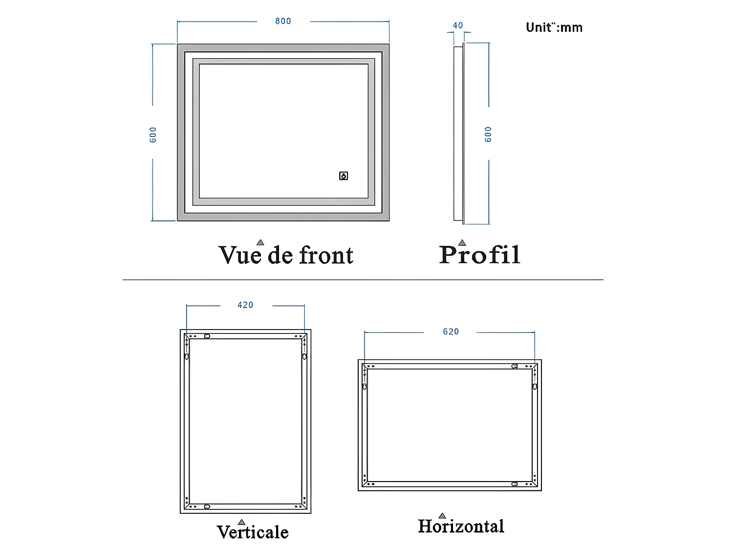 Miroir de Salle de Bain Anti-buée Miroir Lumineux LED Vertical ou Horizontal Blanc Froid + Interrupteur Tactile 80x60 cm