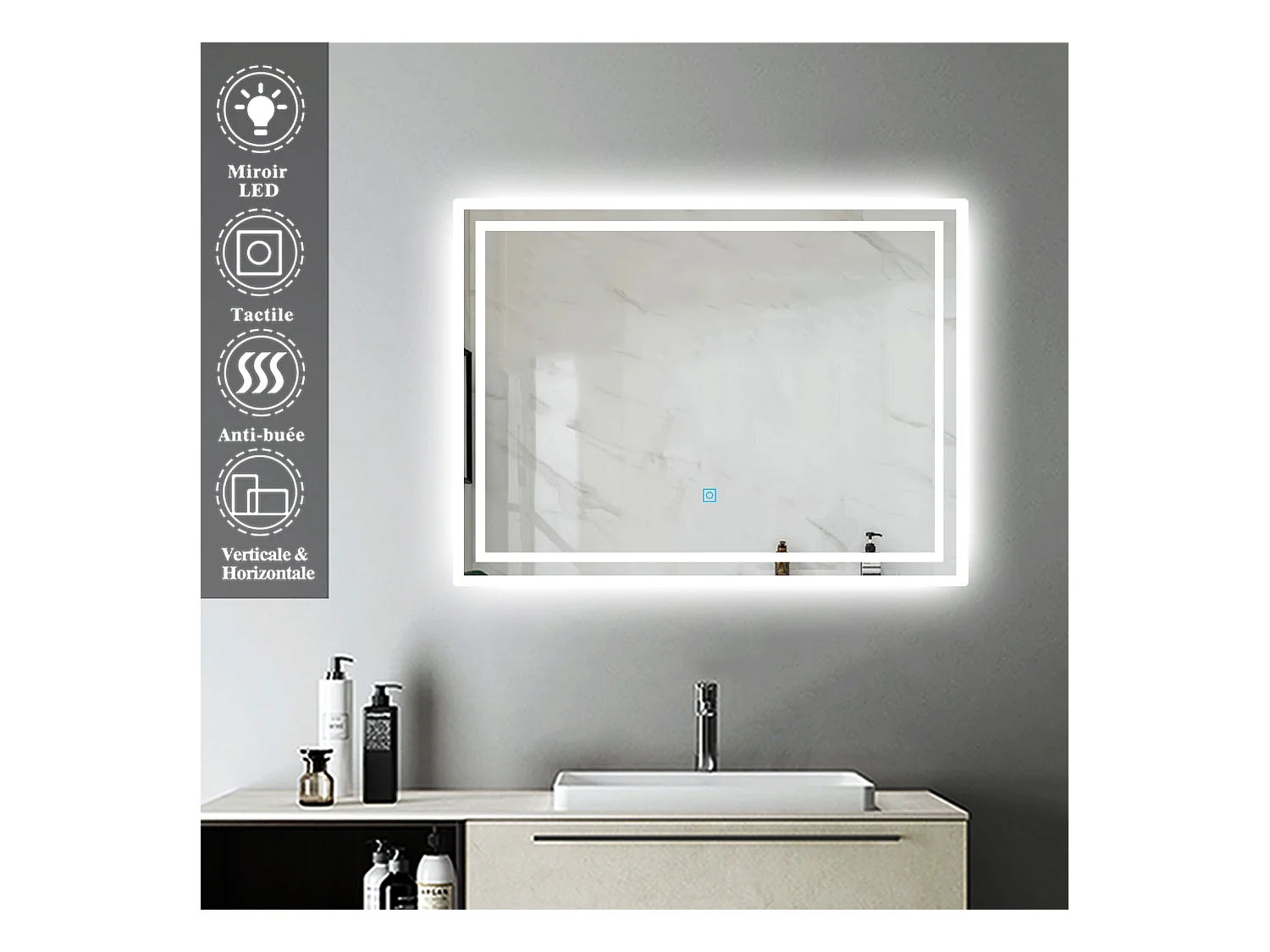 Miroir de Salle de Bain Anti-buée Miroir Lumineux LED Vertical ou Horizontal Blanc Froid + Interrupteur Tactile 80x60 cm