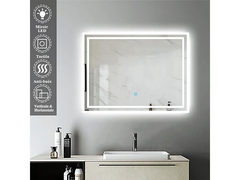 Miroir de Salle de Bain Anti-buée Miroir Lumineux LED Vertical ou Horizontal Blanc Froid + Interrupteur Tactile 80x60 cm