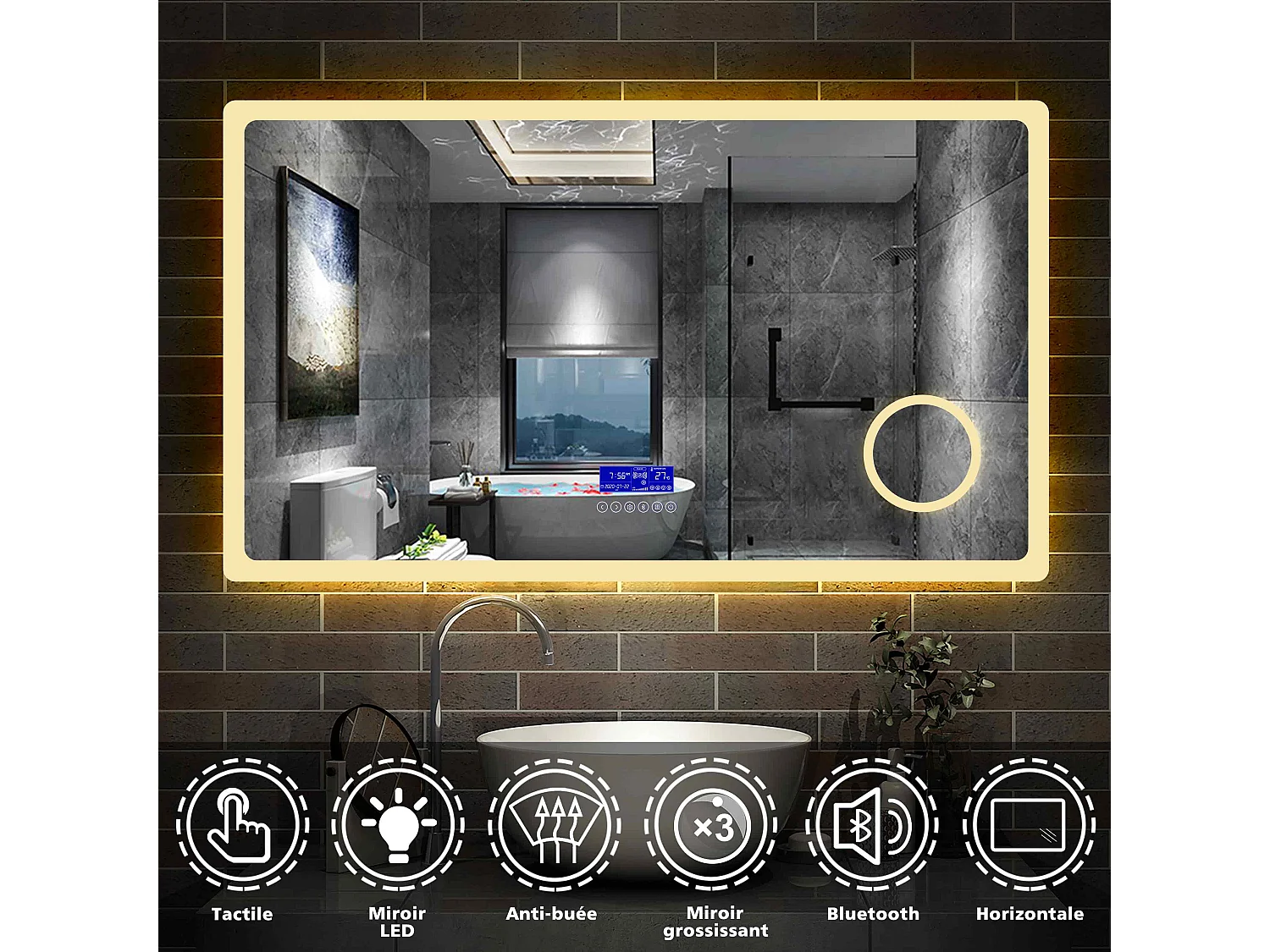 Miroir salle de bain 140x80cm LED réglable+antibuée+Bluetooth+Horloge+grossissant Aica