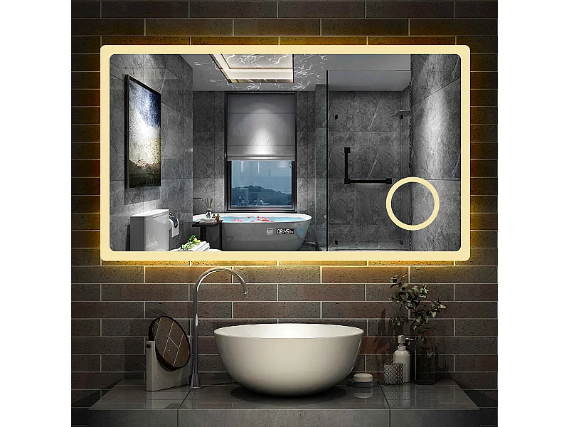Miroir salle de bain 120x70cm avec 3 couleurs+dimmable+anti-buée+grossissant+Horloge Aica